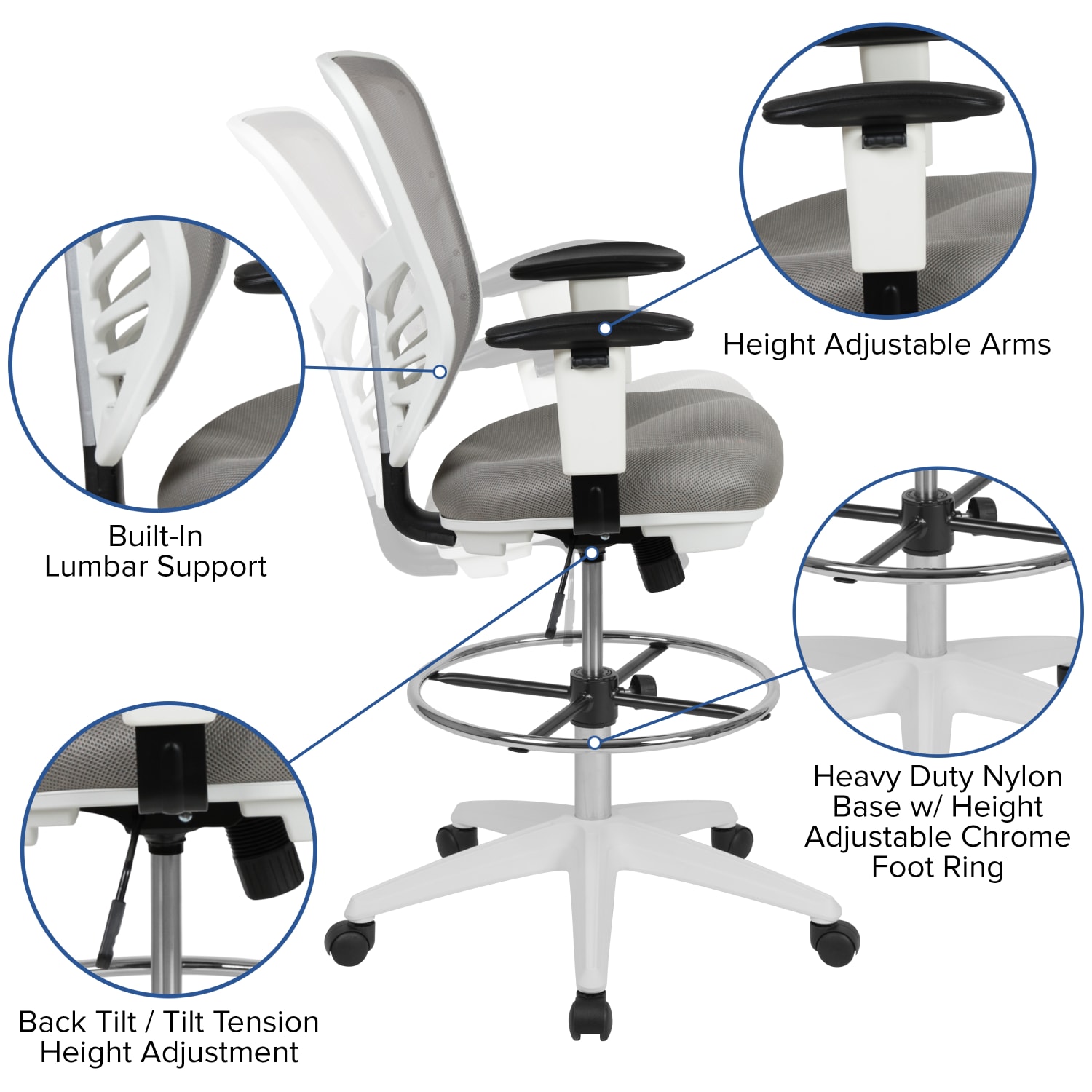 Flash Furniture Mid-Back Mesh Ergonomic Drafting Chair with Adjustable Chrome Foot Ring, Adjustable Arms, Light Gray/White - Image 6