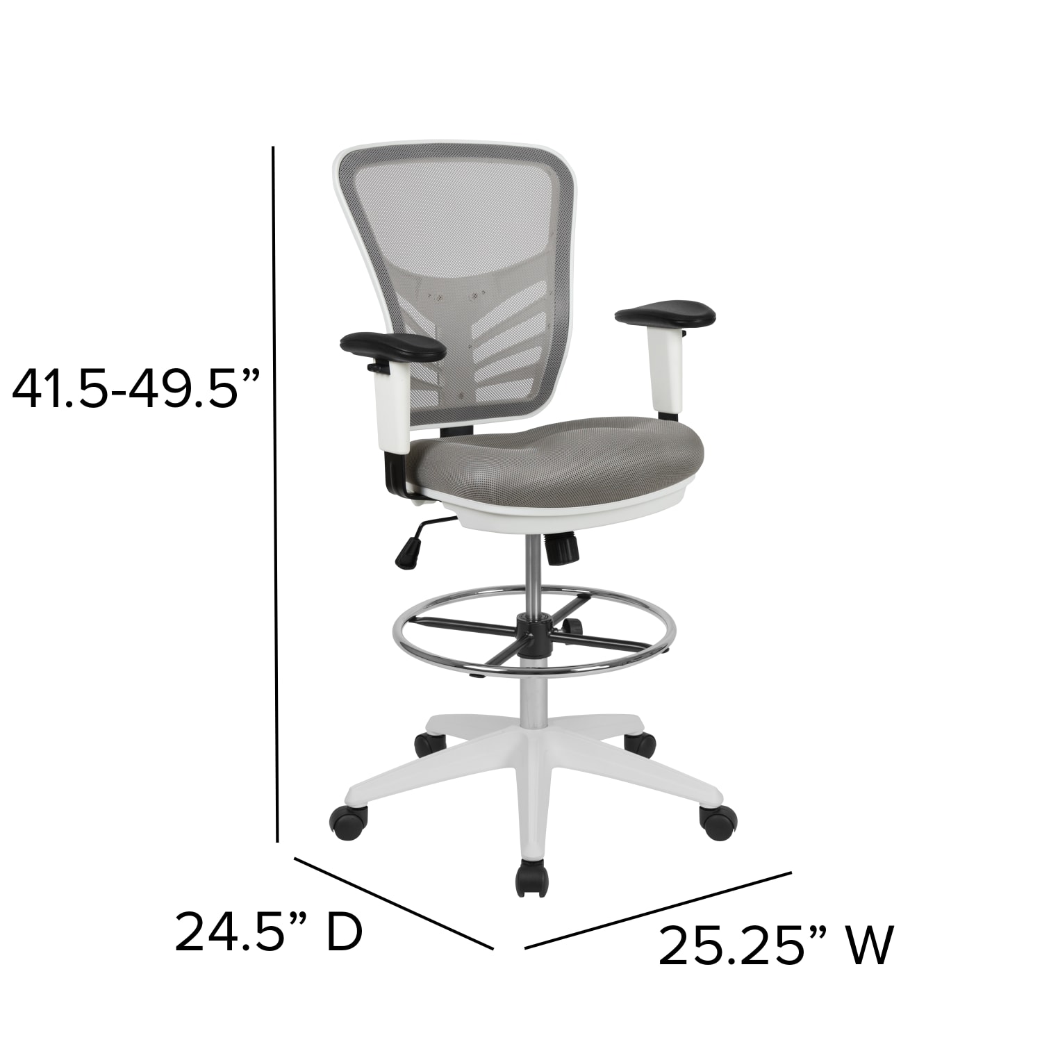 Flash Furniture Mid-Back Mesh Ergonomic Drafting Chair with Adjustable Chrome Foot Ring, Adjustable Arms, Light Gray/White - Image 7