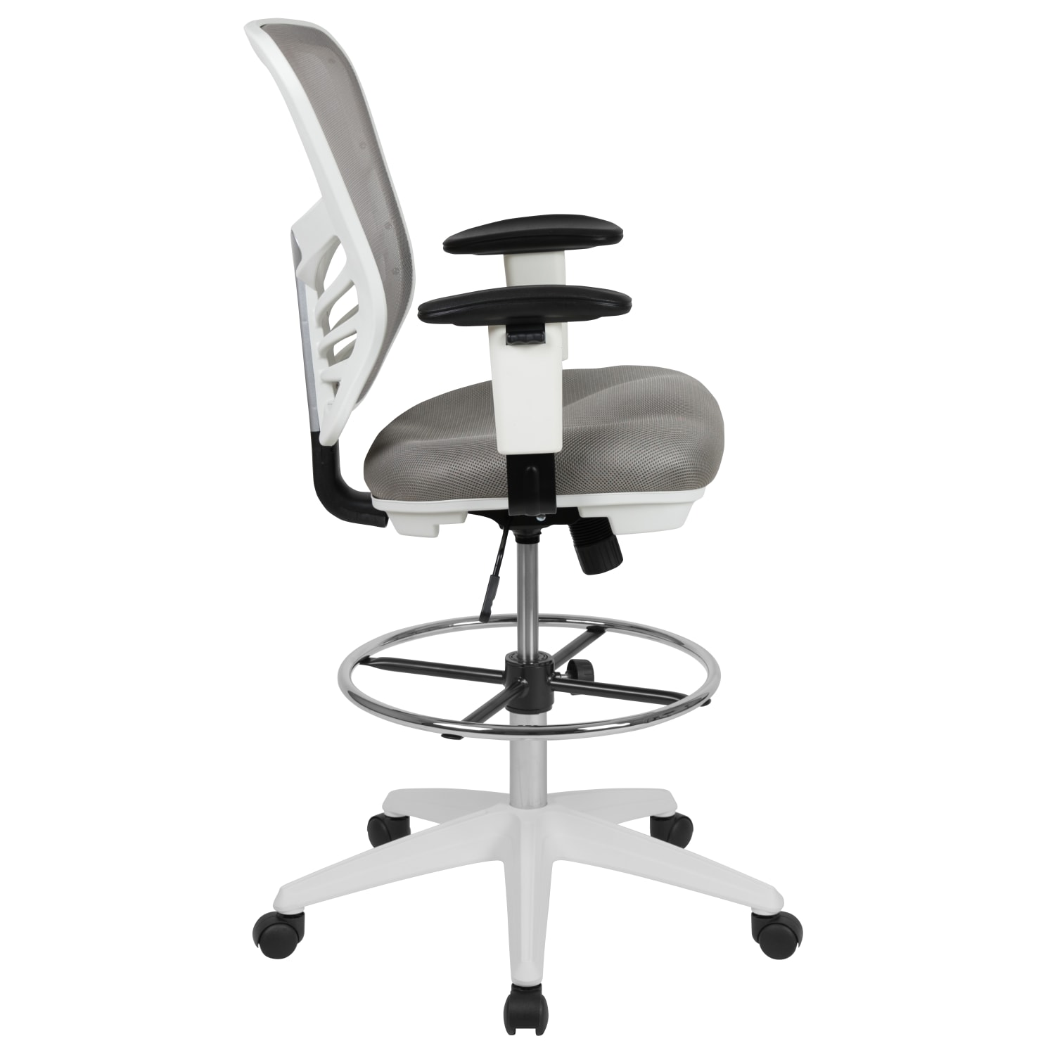 Flash Furniture Mid-Back Mesh Ergonomic Drafting Chair with Adjustable Chrome Foot Ring, Adjustable Arms, Light Gray/White - Image 10