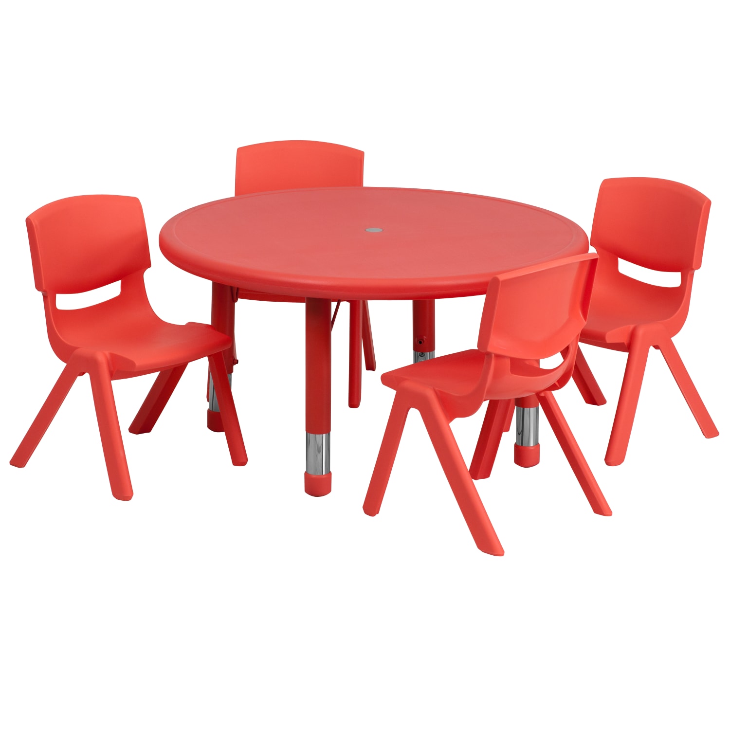 Flash Furniture Round Plastic Height-Adjustable Activity Table Set With 4 Chairs, 23-3/4in x 33in, Red