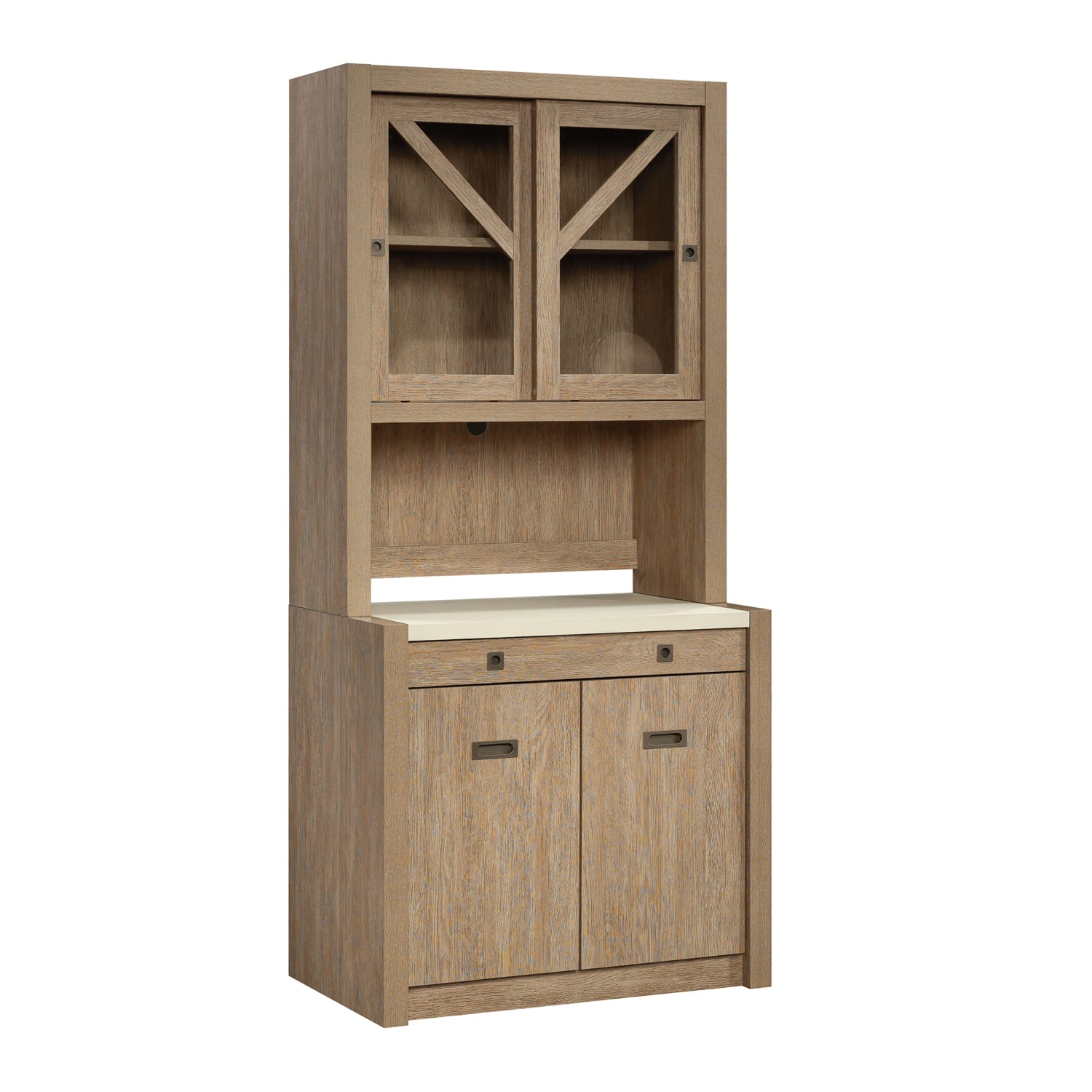 Sauder Dixon City 72inH Contemporary Country Storage Workstation With Glass Door Hutch, Brushed Oak/Pebble White - Image 3