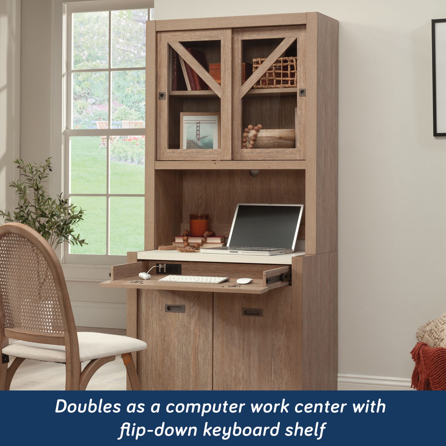 Sauder Dixon City 72inH Contemporary Country Storage Workstation With Glass Door Hutch, Brushed Oak/Pebble White - Image 5