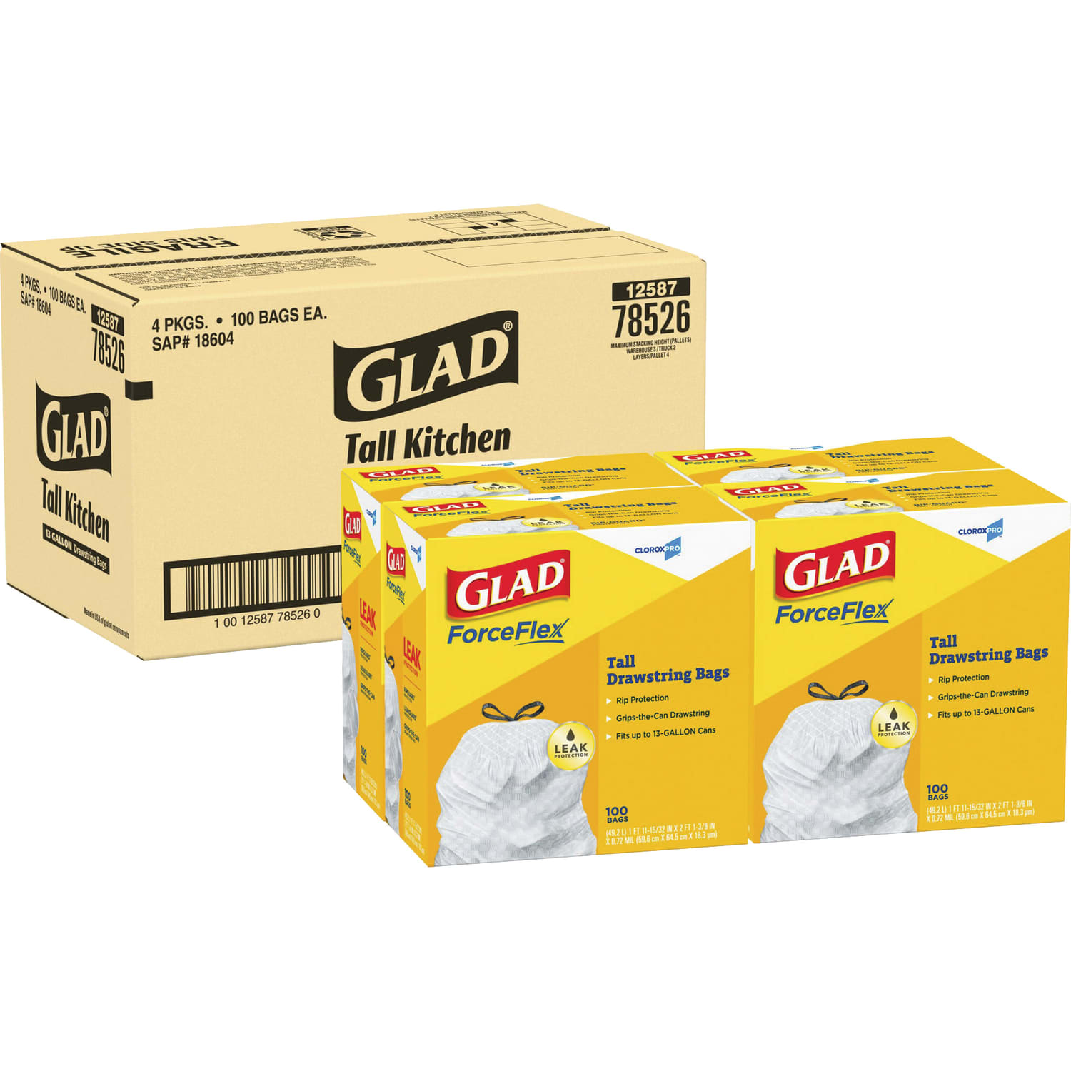 Glad CloroxPro ForceFlex Plastic Tall Kitchen Drawstring Trash Bags, 13 Gallons, 11-15/32in x 25-3/8in, White, 100 Bags Per Box, Carton Of 4 Boxes