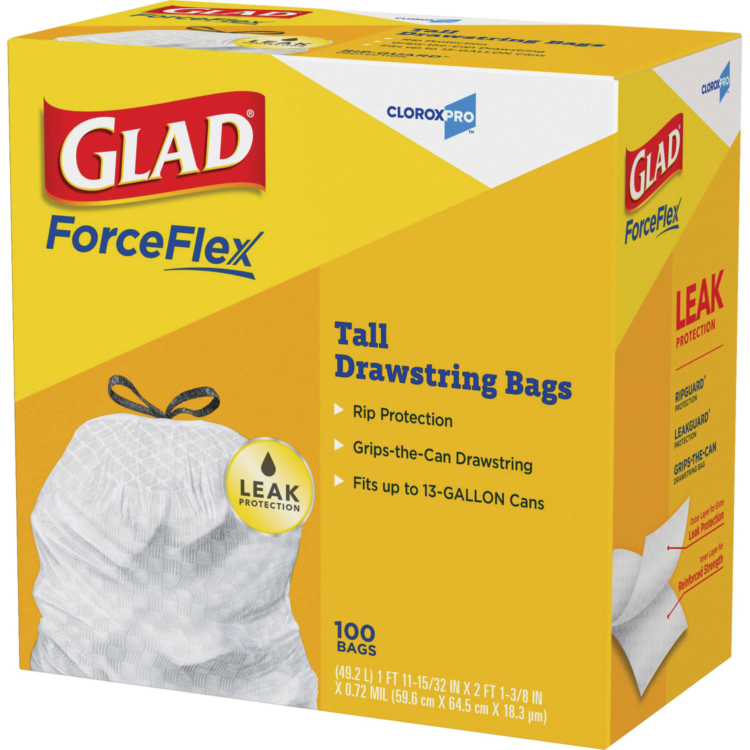 Glad CloroxPro ForceFlex Plastic Tall Kitchen Drawstring Trash Bags, 13 Gallons, 11-15/32in x 25-3/8in, White, 100 Bags Per Box, Carton Of 4 Boxes - Image 3