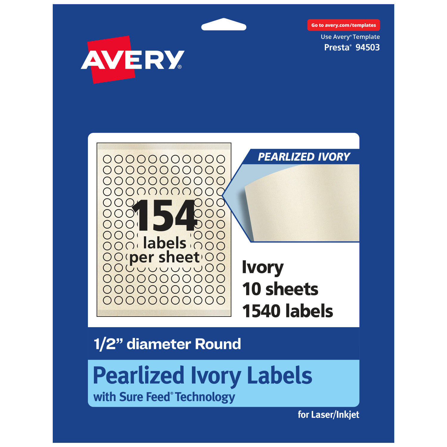Avery Pearlized Permanent Labels With Sure Feed, 94503-PIP10, Round, 1/2in Diameter, Ivory, Pack Of 1,540 Labels