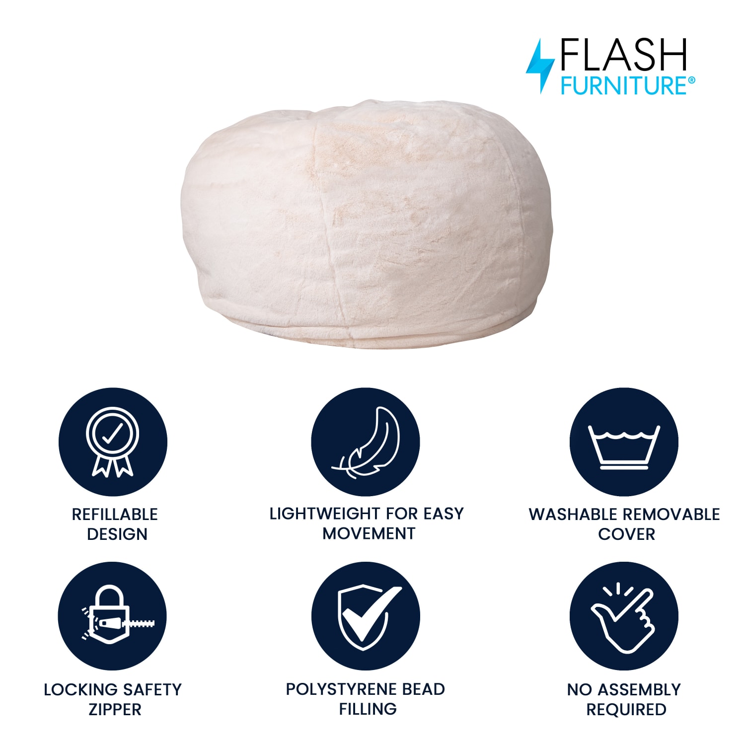 Flash Furniture Oversized Bean Bag Chair For Kids And Adults, White Furry - Image 3