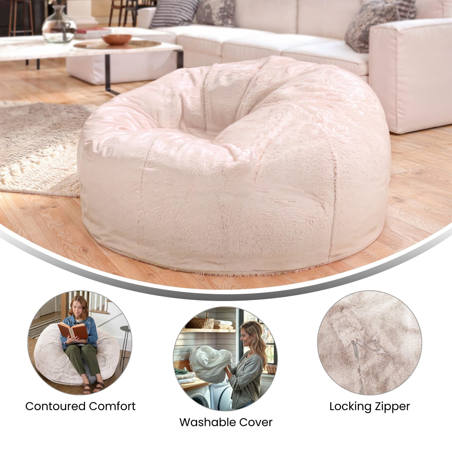 Flash Furniture Oversized Bean Bag Chair For Kids And Adults, White Furry - Image 5