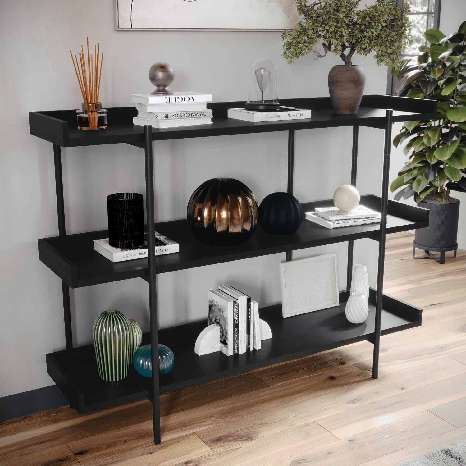 Martha Stewart Emmett 37inH 3-Shelf Storage Display Unit Bookcase With Metal Frame, Black Wood Grain/Oil Rubbed Bronze