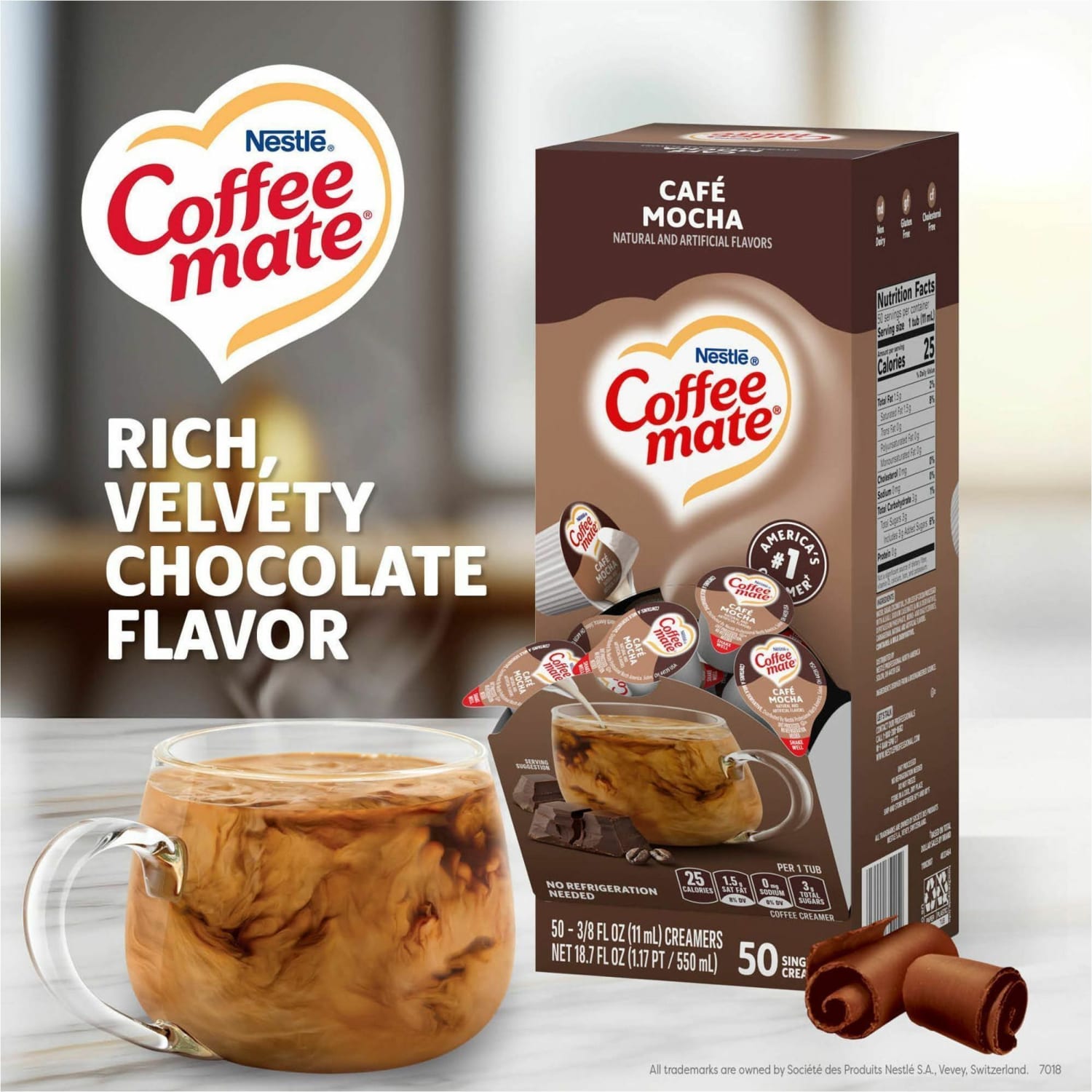 Coffee mate Cafe Mocha Nondairy Liquid Creamer Singles - Cafe Mocha Flavor - 0.38 fl oz (11 mL) - 200 Serving - 50/Box - 4 / Carton - Image 3