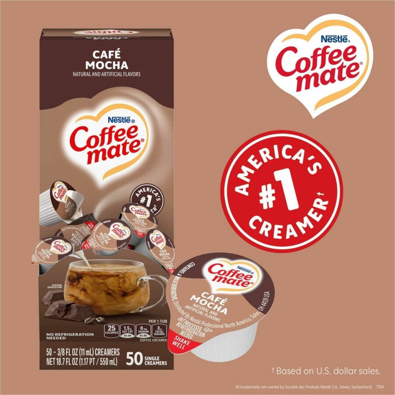 Coffee mate Cafe Mocha Nondairy Liquid Creamer Singles - Cafe Mocha Flavor - 0.38 fl oz (11 mL) - 200 Serving - 50/Box - 4 / Carton - Image 6