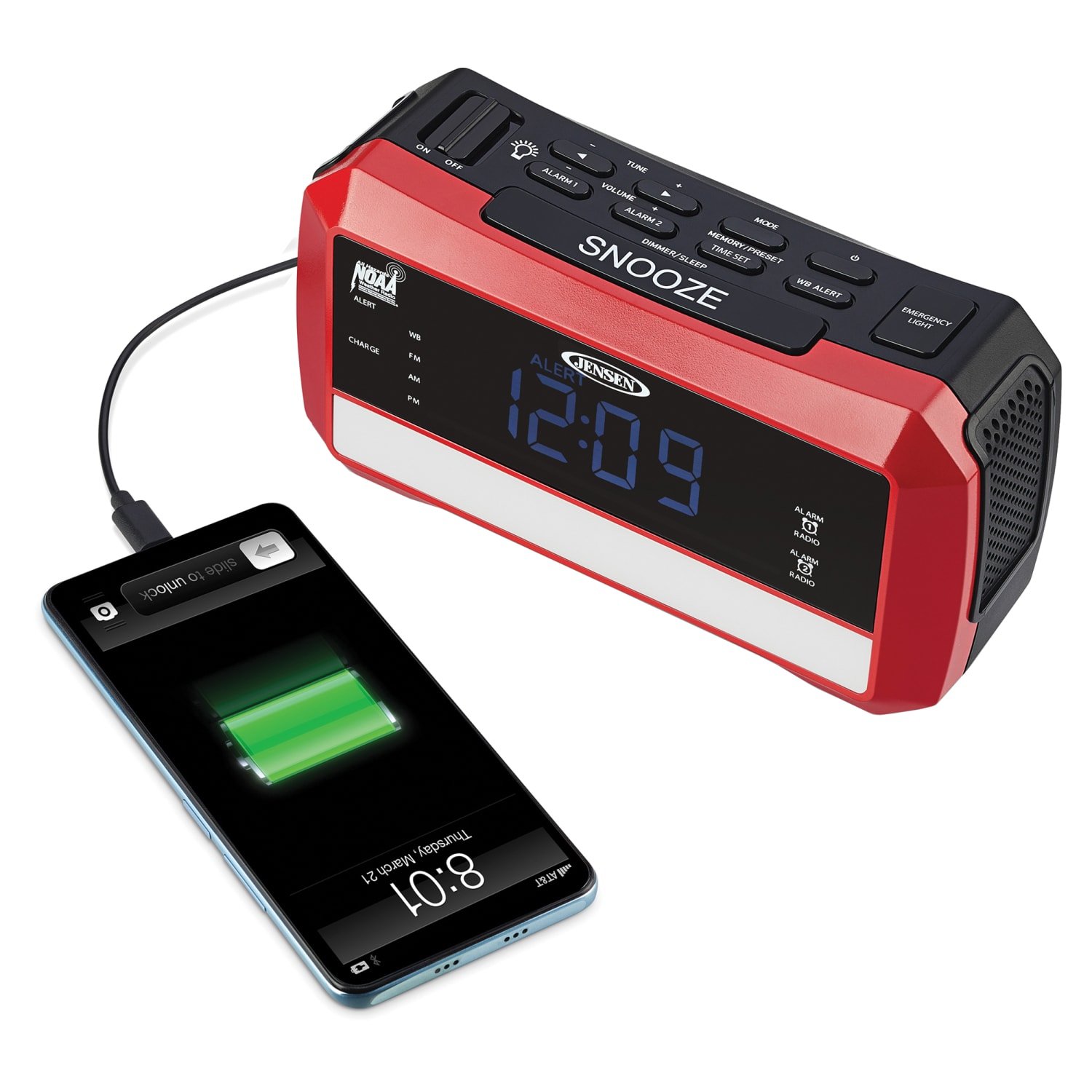 Jensen Digital AM/FM Weather Alarm Clock Radio With Weather Alert, Emergency Light And Flashlight, 3.54inH x 6.5inW x 2.36inD, Red - Image 4