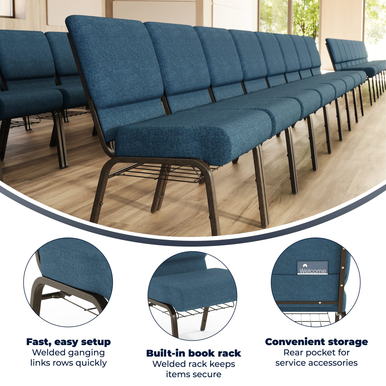 Flash Furniture HERCULES Series Church Chair With Book Rack, Blue/Gold Vein - Image 4