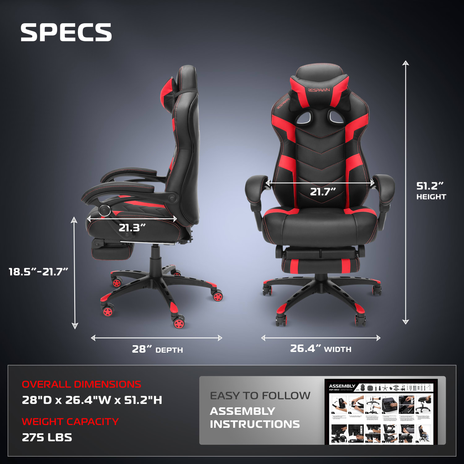 RESPAWN 110 Pro Gaming Chair, With Footrest & Headrest Pillow, Red, RSP110V2RED - Image 3