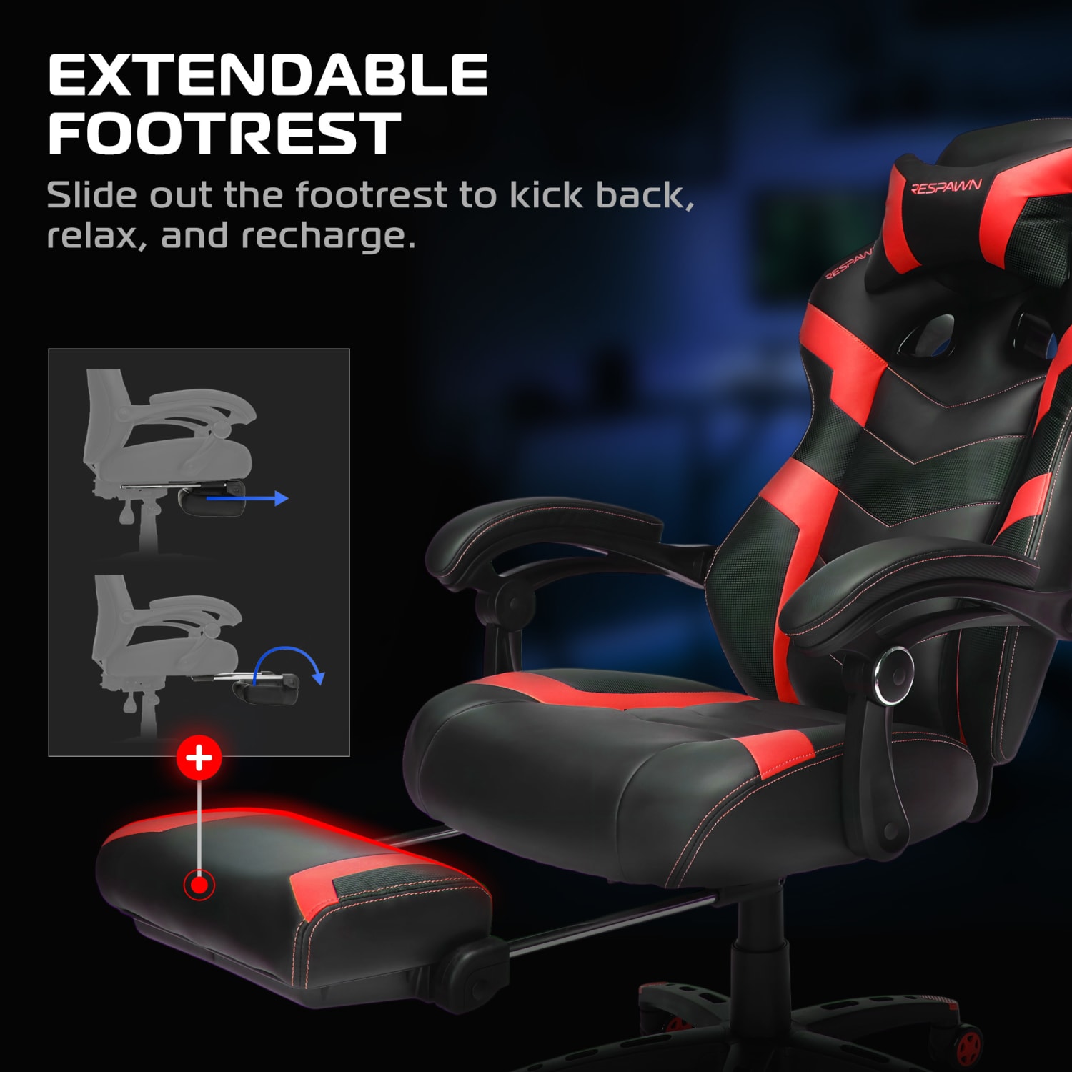 RESPAWN 110 Pro Gaming Chair, With Footrest & Headrest Pillow, Red, RSP110V2RED - Image 4
