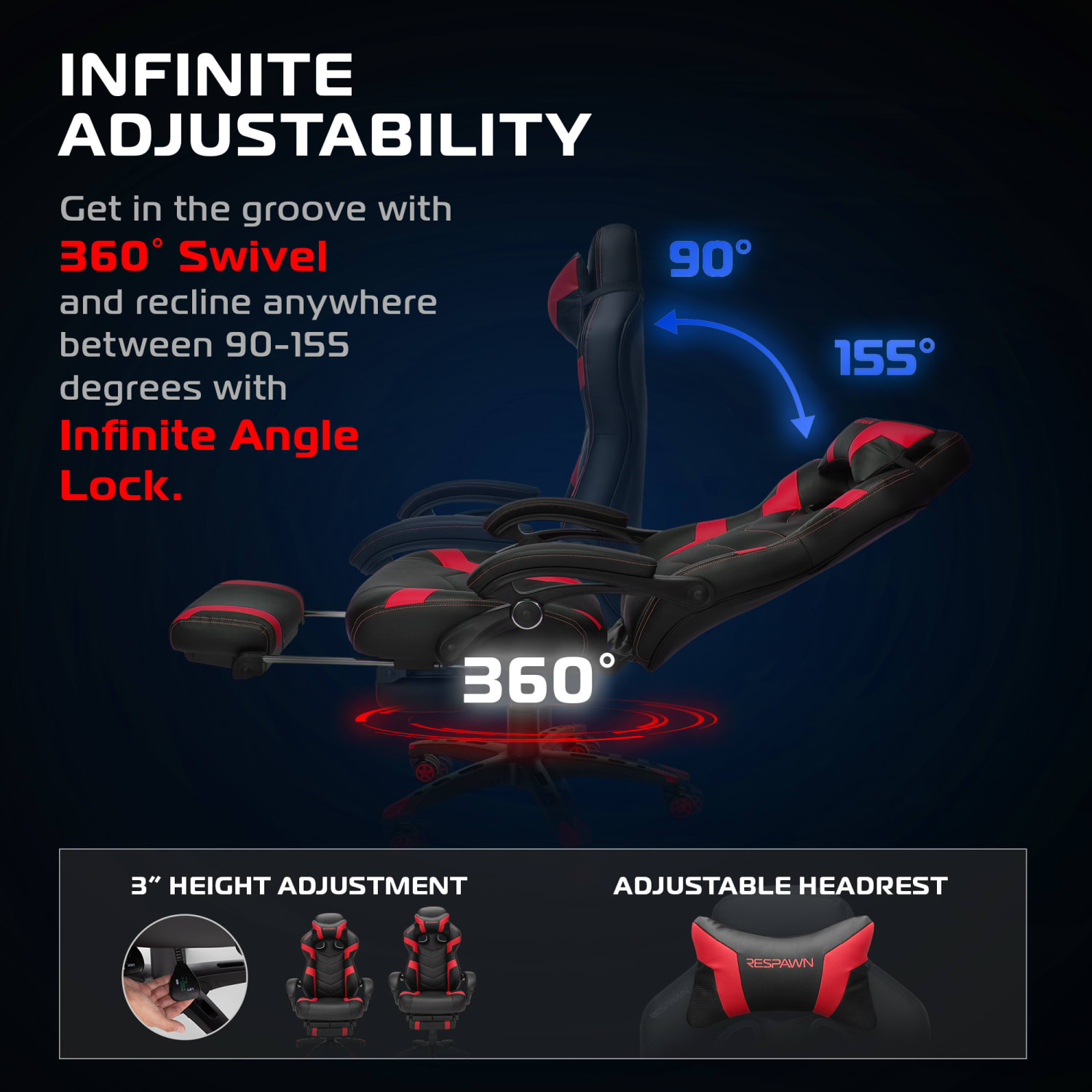 RESPAWN 110 Pro Gaming Chair, With Footrest & Headrest Pillow, Red, RSP110V2RED - Image 5