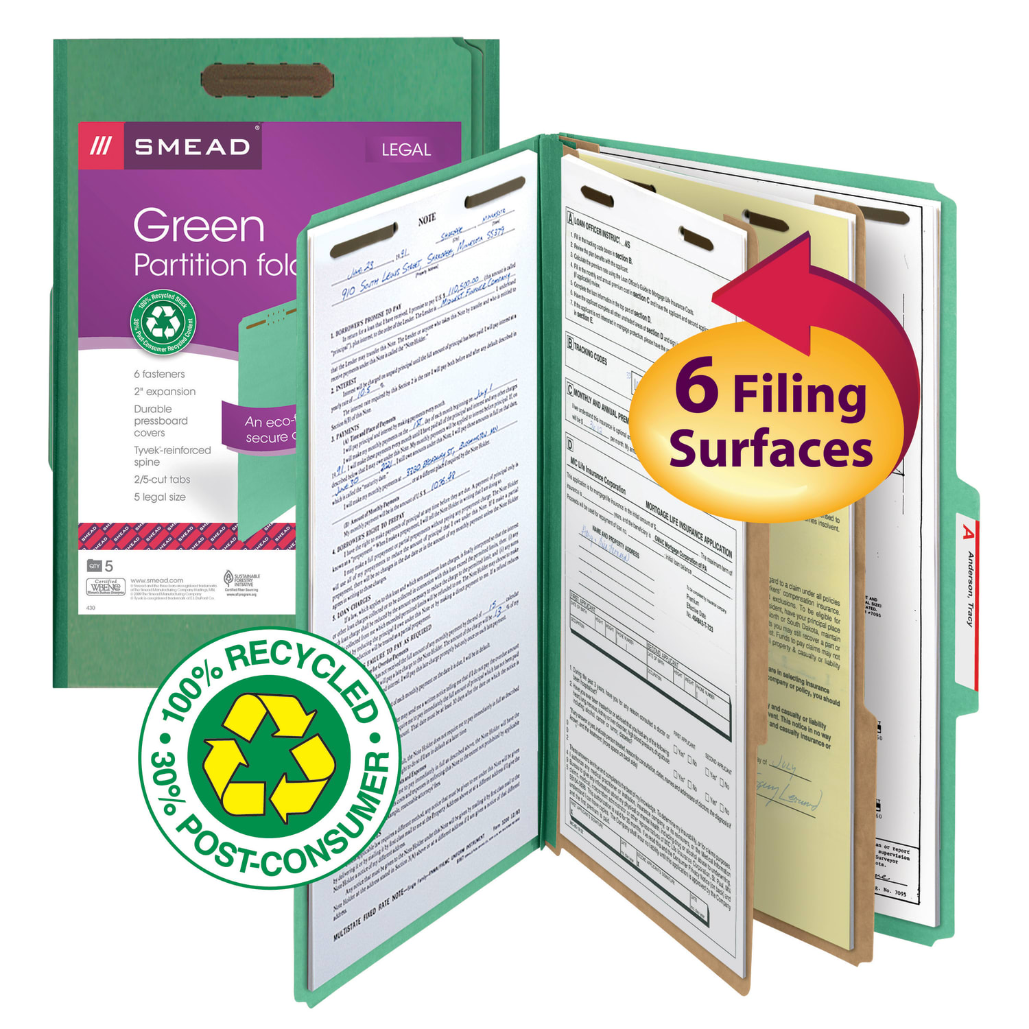 Smead Pressboard Classification Folders, 2 Dividers, Legal Size, 100% Recycled, Green, Pack Of 5 - Image 3