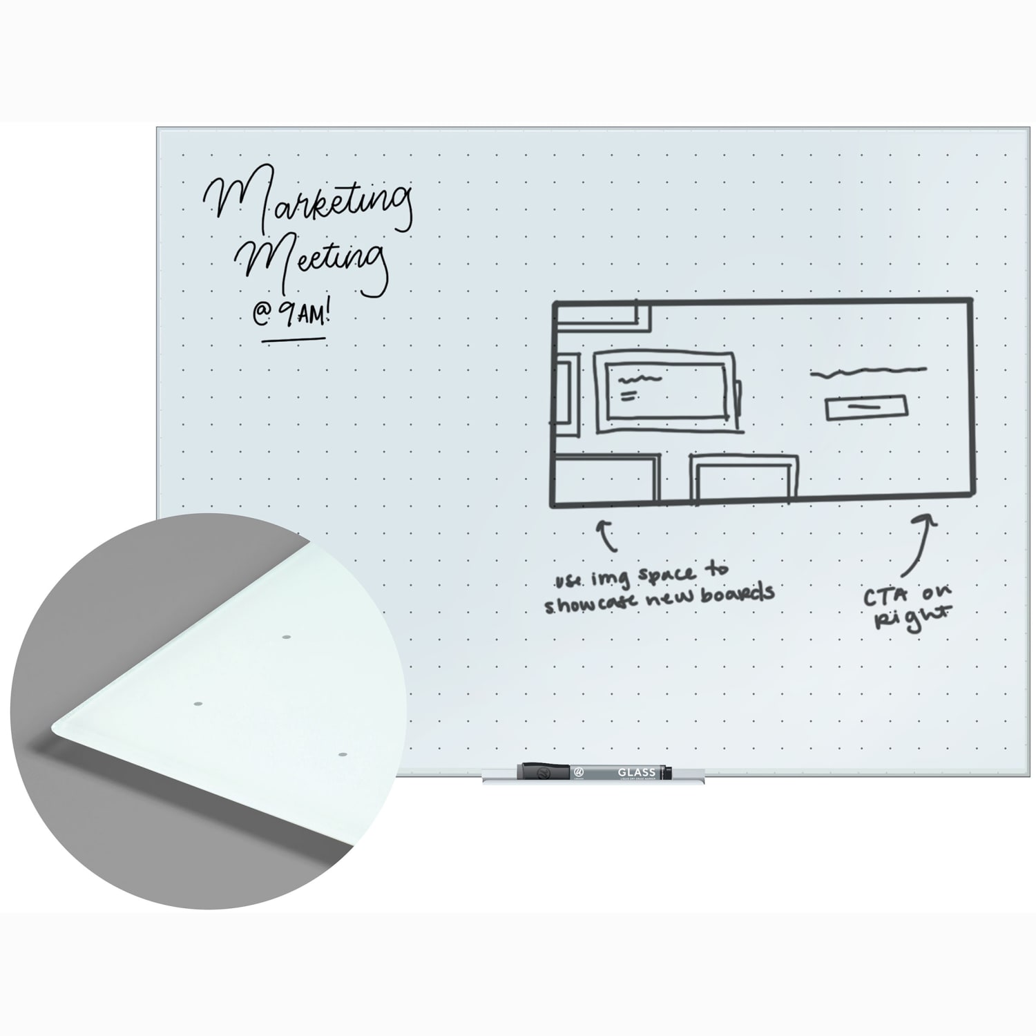 U Brands Floating Non-Magnetic Ghost Grid Glass Dry-Erase Board, 36in X 24in, White Frosted Surface, Frameless, Actual Size 35in X 23in (2798U00-01) - Image 3
