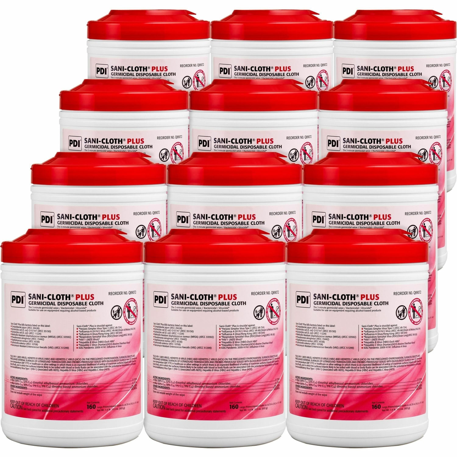 Sani-Cloth Plus Germicidal Disposable Cloths, 6-3/4in x 6in, 160 Cloths Per Container, Set Of 12 Containers