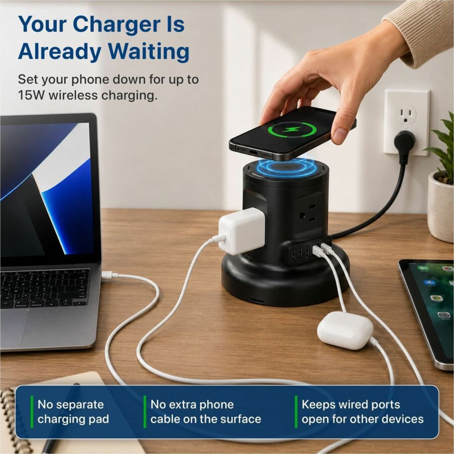 Uncaged Ergonomics Wireless Retractable Power Strip, WRPS2BLACK - Image 5