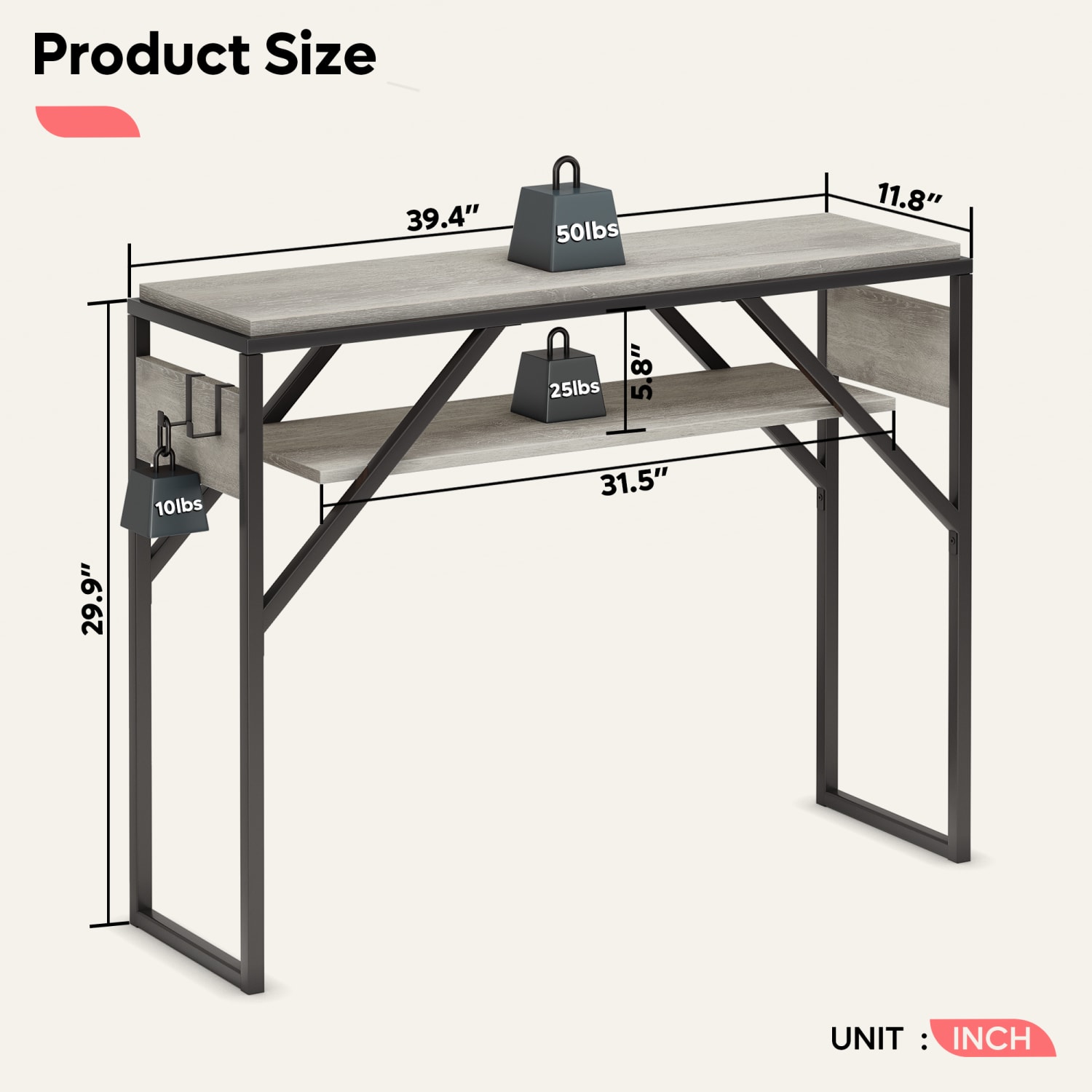 Bestier Small Rectangular Console Table With 2 Storage Shelves, 29-15/16inH x 39-3/8inW x 11-13/16inD, Retro Gray/Black - Image 4