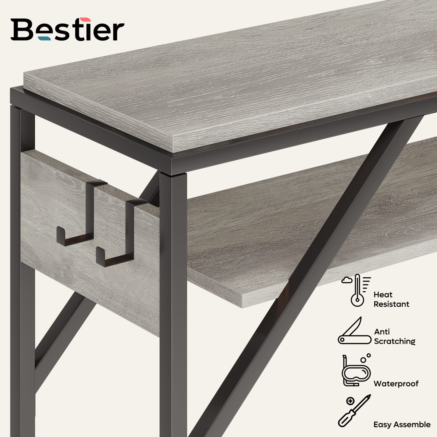 Bestier Small Rectangular Console Table With 2 Storage Shelves, 29-15/16inH x 39-3/8inW x 11-13/16inD, Retro Gray/Black - Image 5