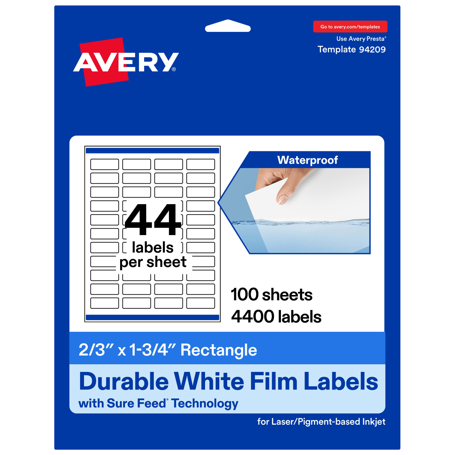 Avery Waterproof Permanent Labels With Sure Feed, 94209-WMF100, Rectangle, 2/3in x 1-3/4in, White, Pack Of 4,400