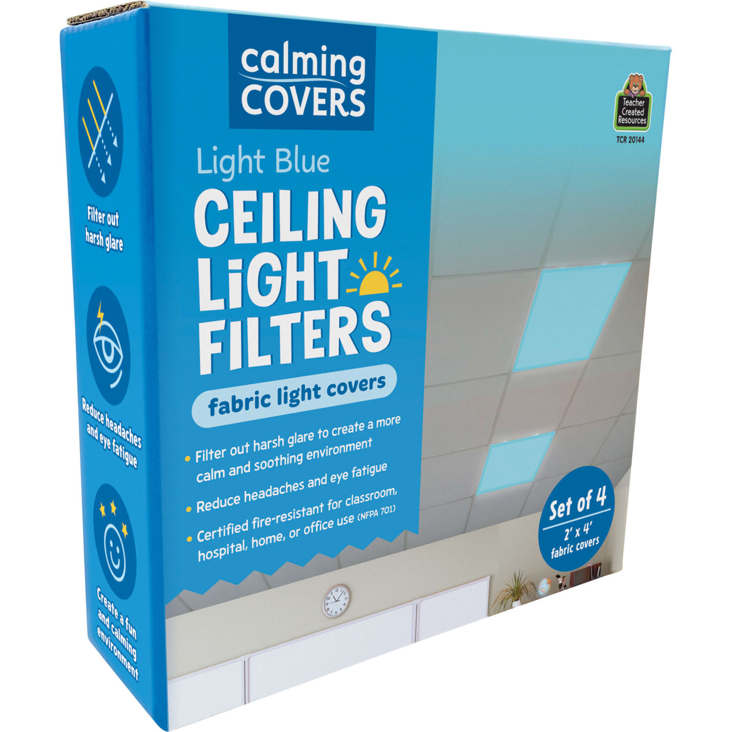 Teacher Created Resources Calming Covers Ceiling Light Filters, 2ft x 4ft, Light Blue, Set Of 4