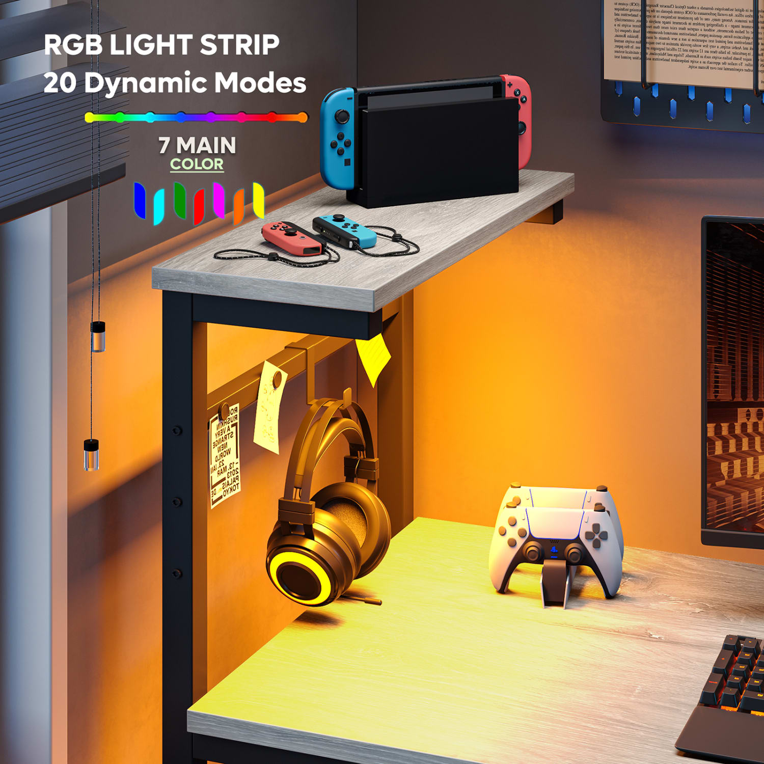 Bestier RGB Gaming Desk With Storage Shelf & Side Pocket, 45inW, Retro Gray Oak Light - Image 3