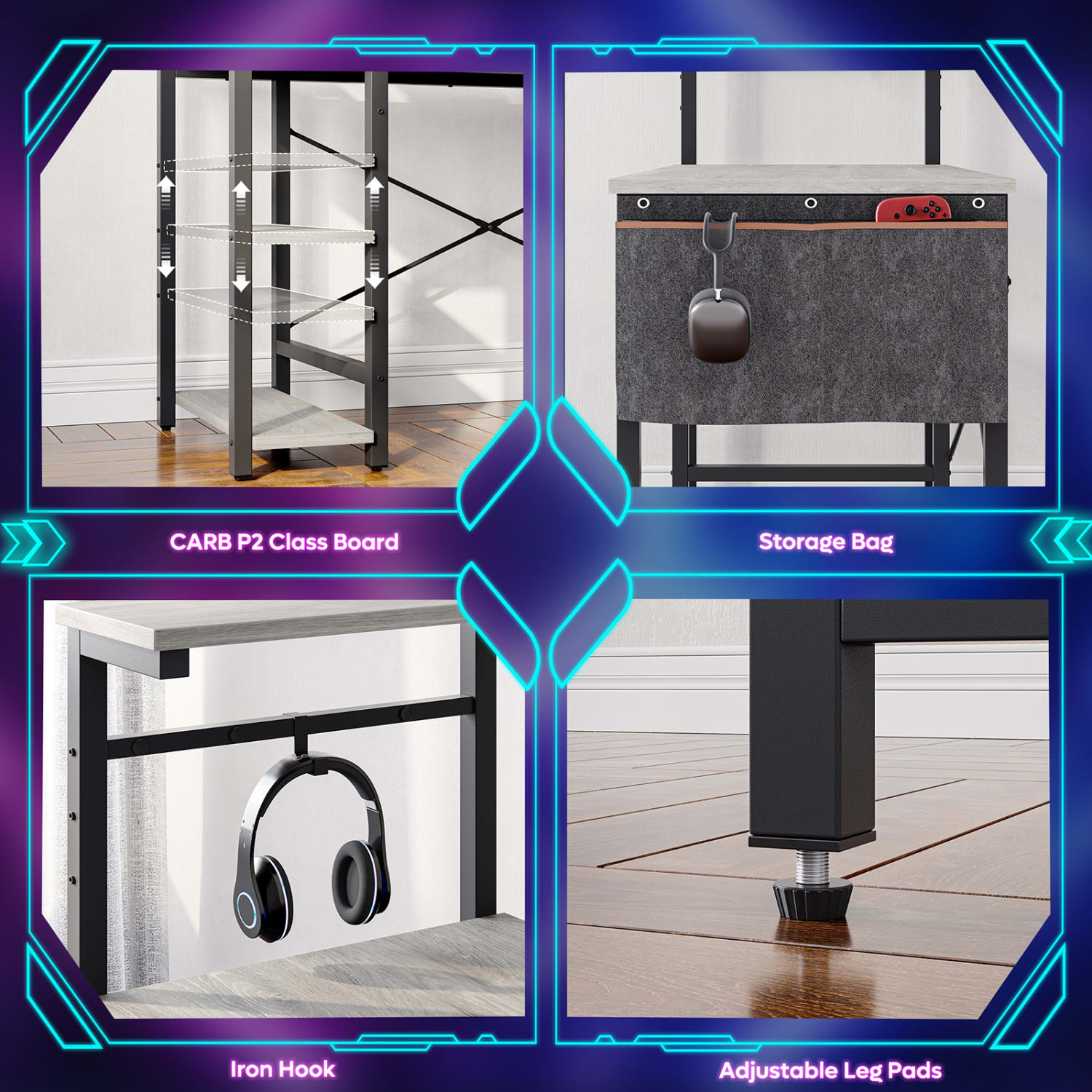 Bestier RGB Gaming Desk With Storage Shelf & Side Pocket, 45inW, Retro Gray Oak Light - Image 4