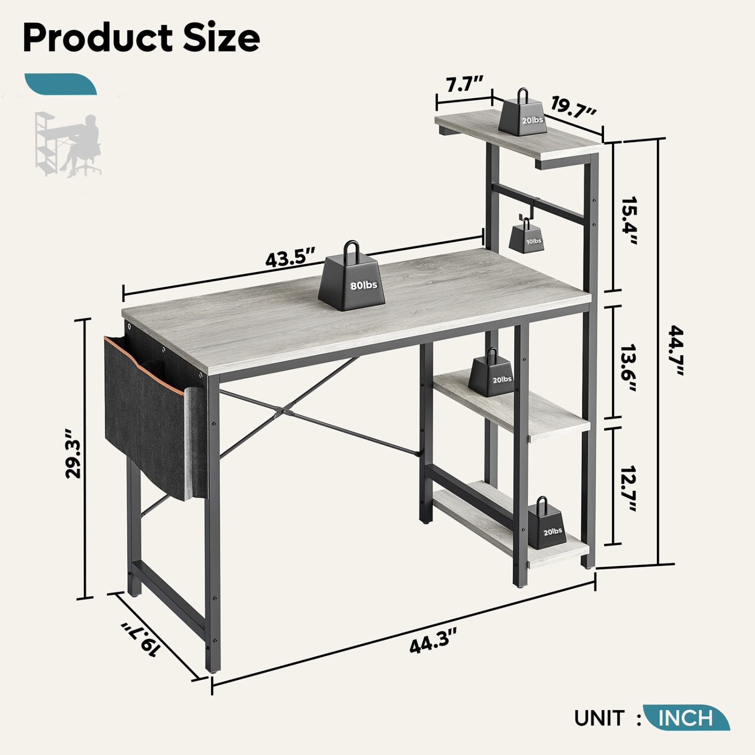 Bestier RGB Gaming Desk With Storage Shelf & Side Pocket, 45inW, Retro Gray Oak Light - Image 5