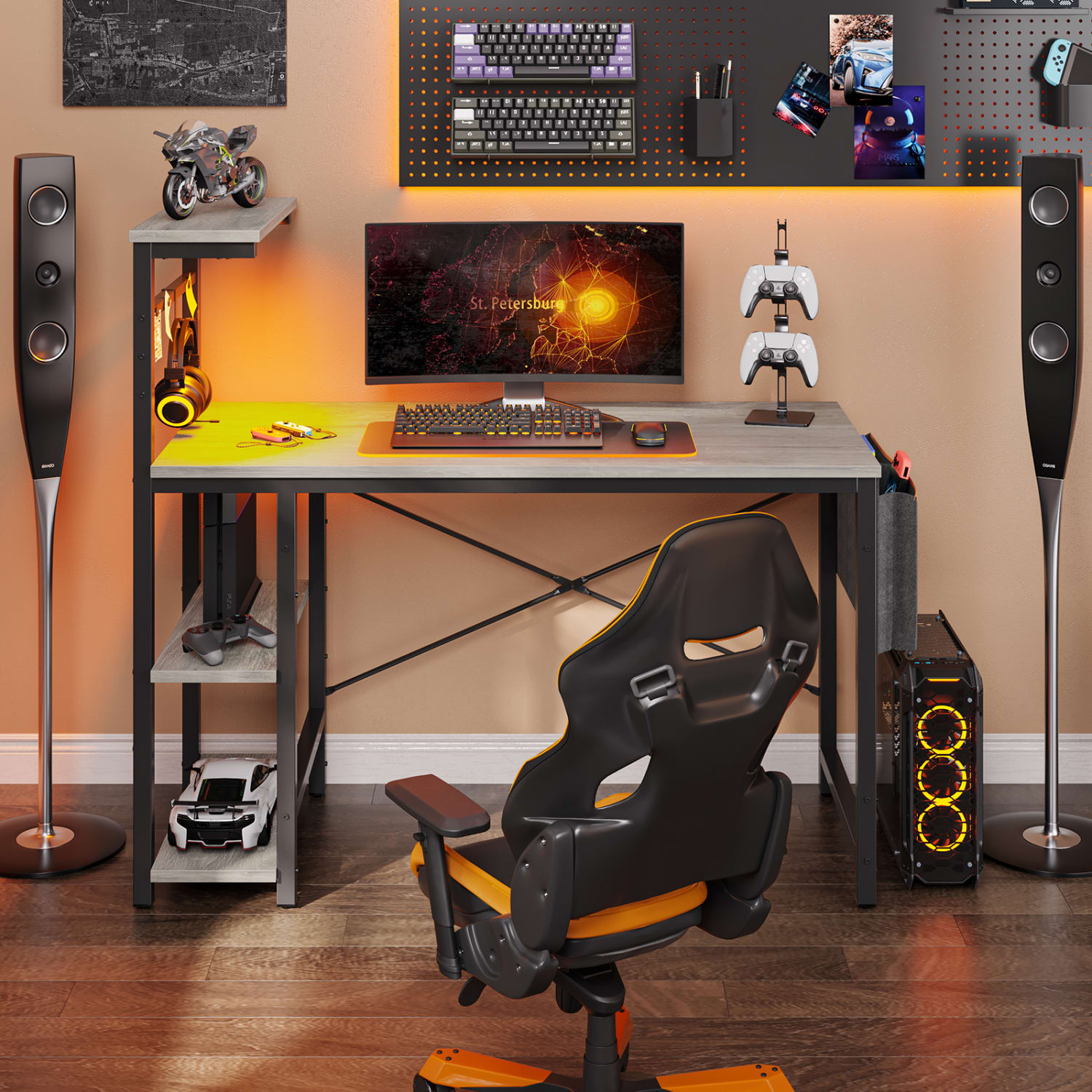 Bestier RGB Gaming Desk With Storage Shelf & Side Pocket, 45inW, Retro Gray Oak Light - Image 6