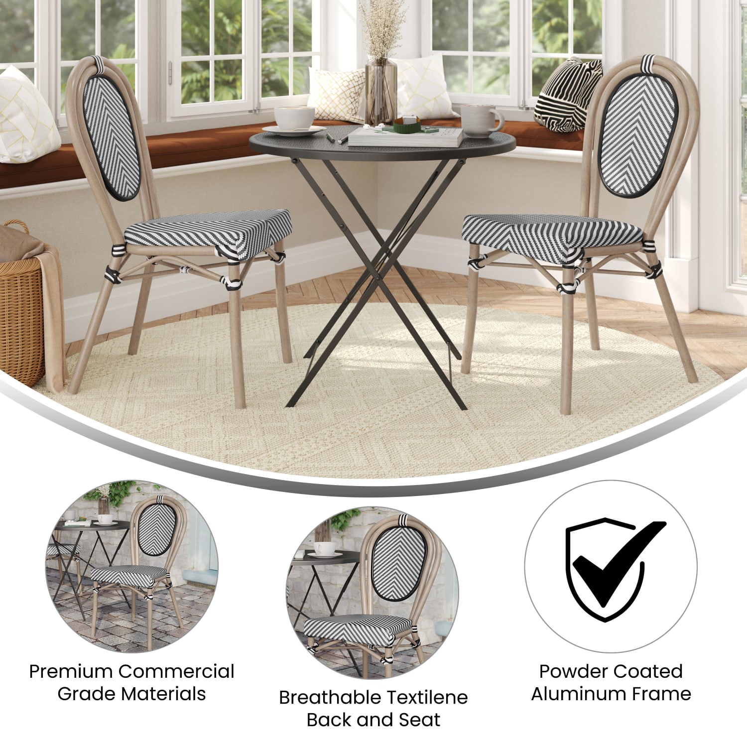 Flash Furniture 2 Pack Marseille Indoor/Outdoor Commercial Thonet Bistro Stacking Chair, Black & White/Light Natural Frame -2SDA6422STXTBWL - Image 5