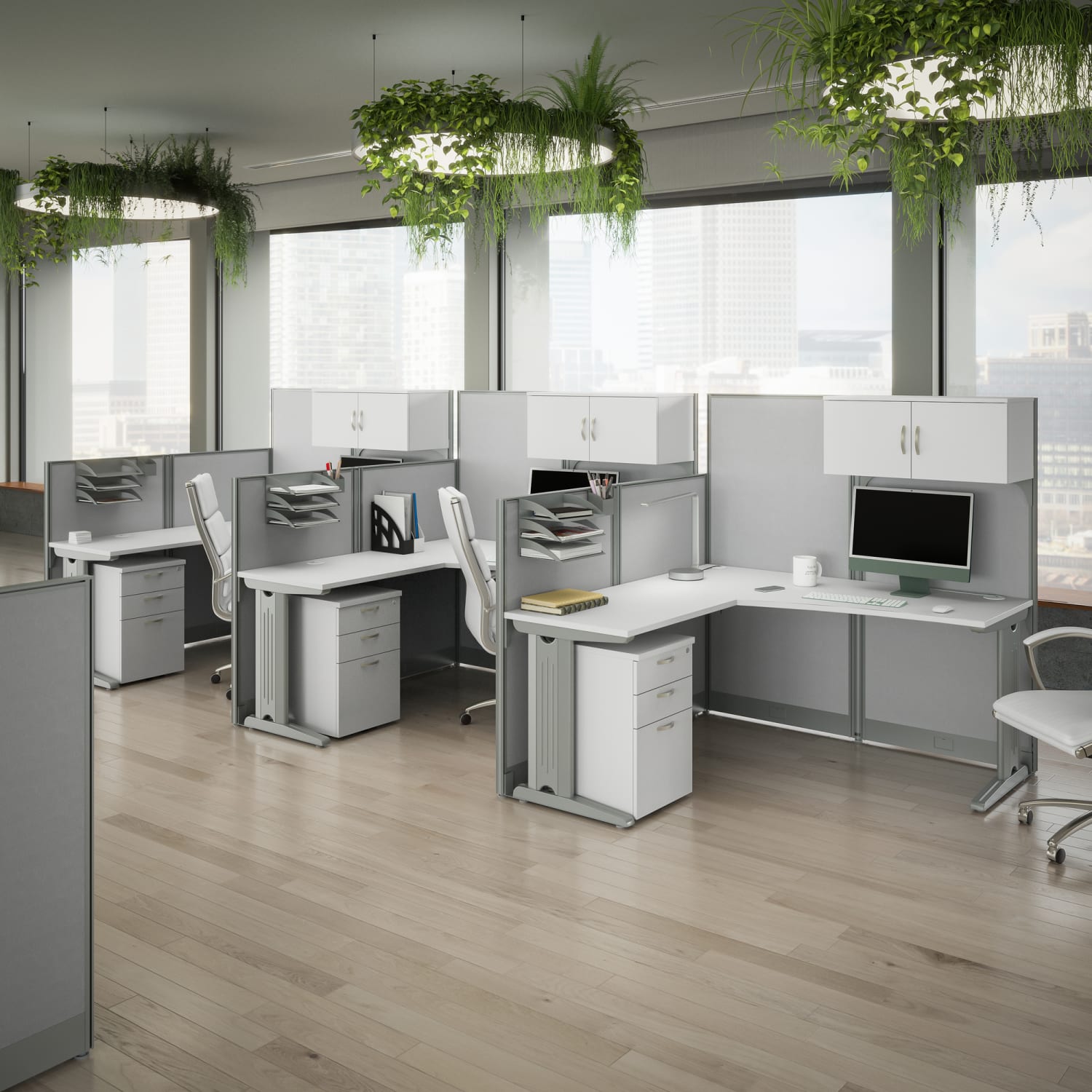 Bush Business Furniture Office in an Hour 194inW 3-Person L-Shaped Cubicle Desks With Storage, Drawers And Organizers, Pure White, Standard Delivery - Image 3