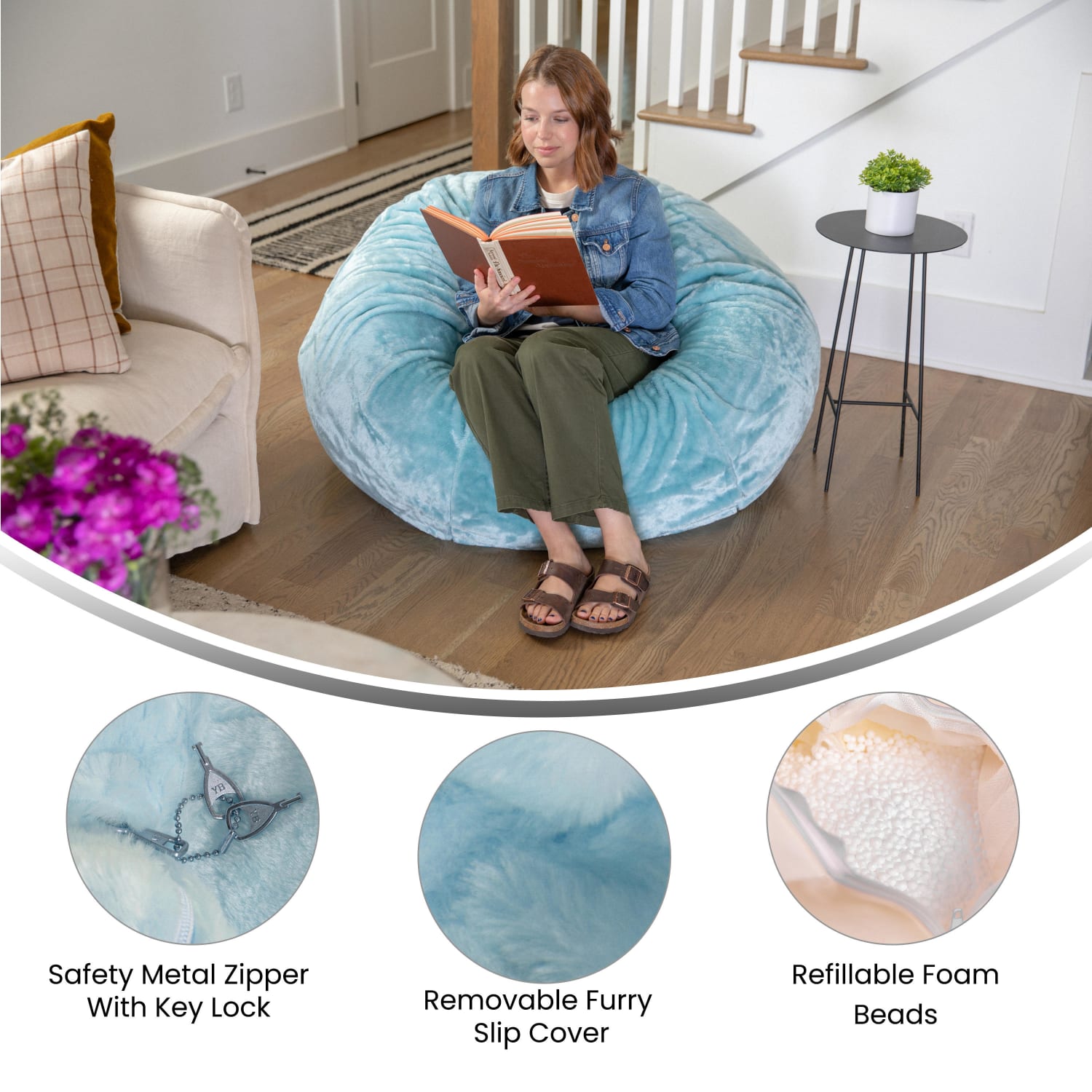 Flash Furniture Oversized Bean Bag Chair For Kids And Adults, Teal Furry - Image 6