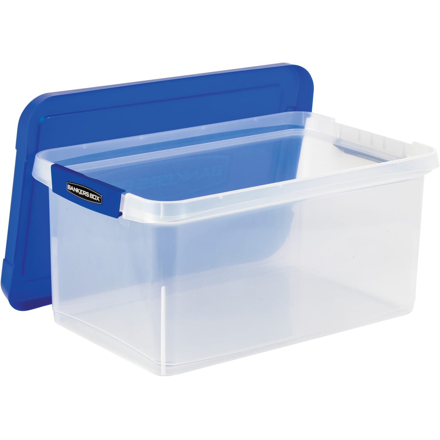 Bankers Box Heavy-Duty Plastic Storage Bin, Extra Deep 20in Letter-size, 10-3/8in x 14-1/4in, TAA Compliant, Clear/Blue, Pack of 1 - Image 4