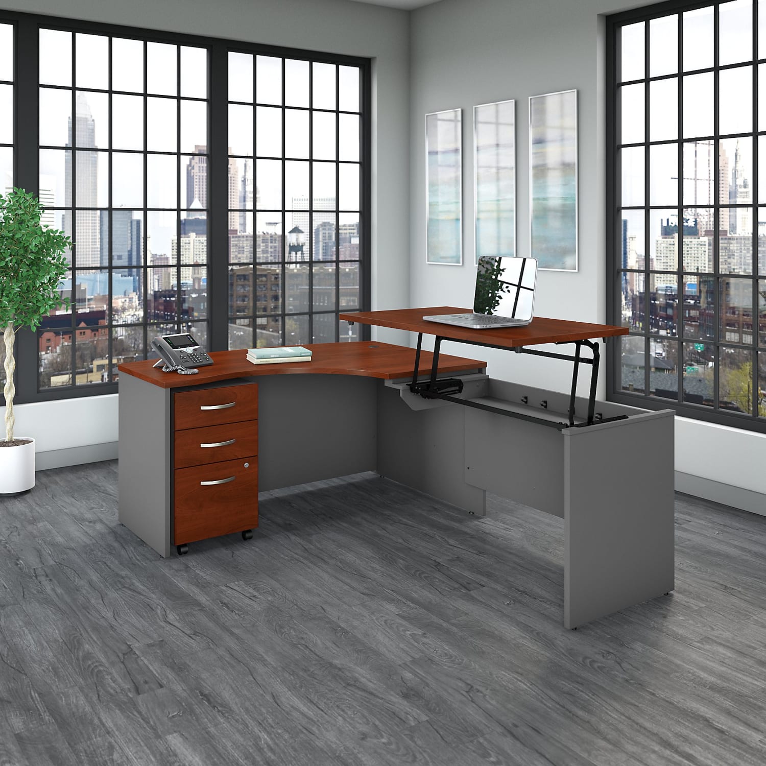 Bush Business Furniture Components 60inW Right Hand 3 Position Sit to Stand L Shaped Desk with Mobile File Cabinet, Hansen Cherry/Graphite Gray, Standard Delivery - Image 3