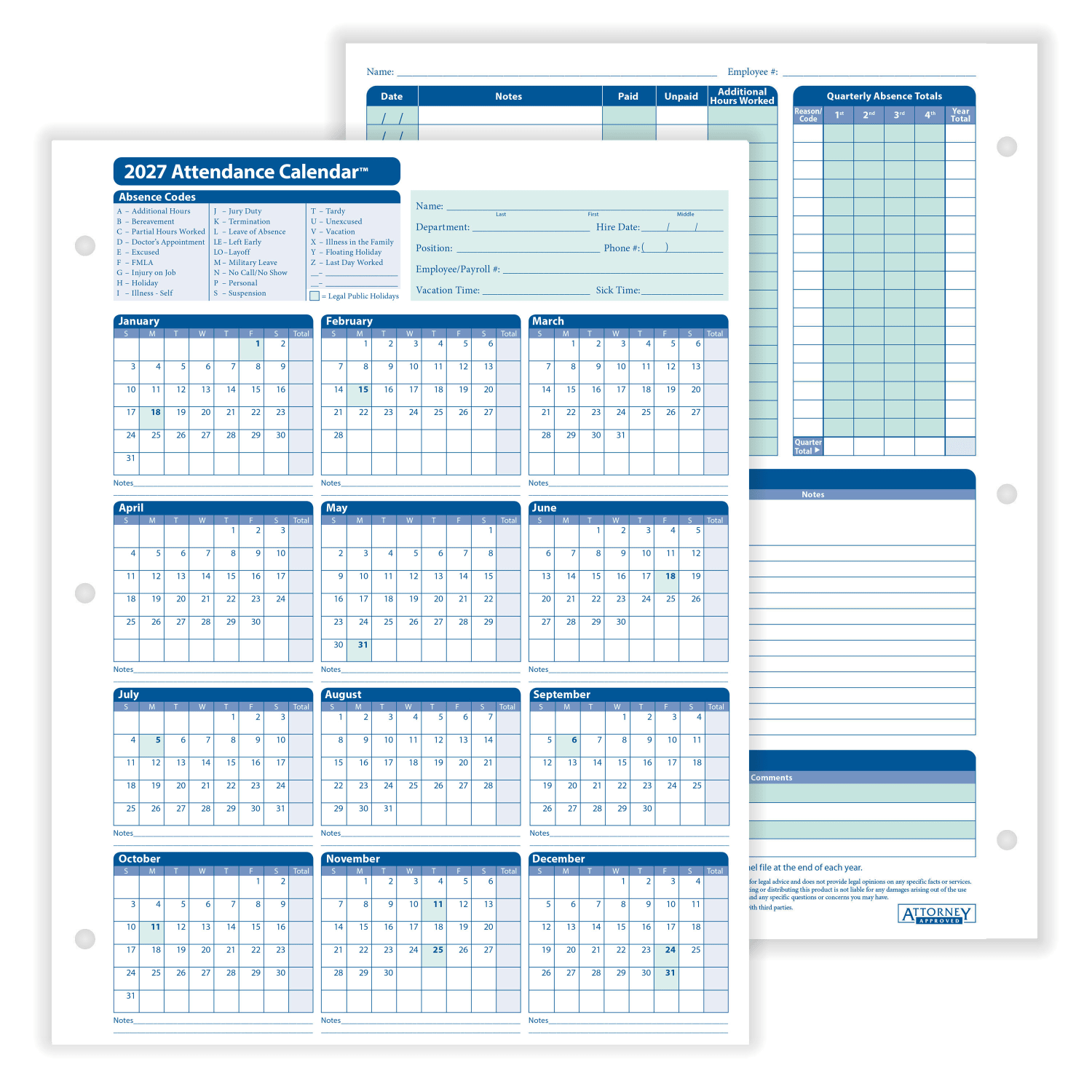 ComplyRight 2026 Attendance Calendar Cards, 8 1/2in x 11in, White, Pack Of 50