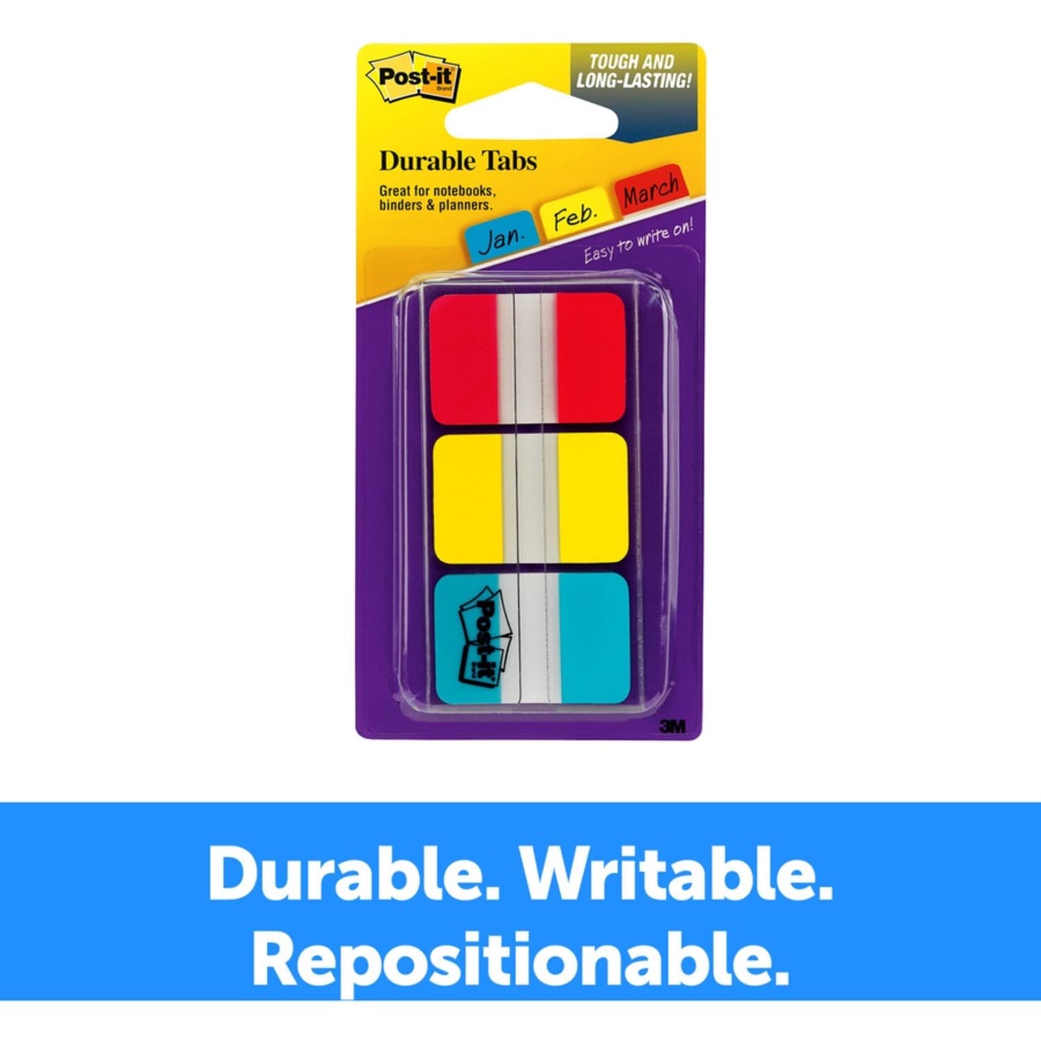 Post-it Durable Tabs - 36 Write-on Tab(s) - 1.50in Tab x 1in Tab- Red, Yellow, Blue Tab(s) - Wear Resistant, Tear Resistant, Repositionable - 36 / Pack - Image 6