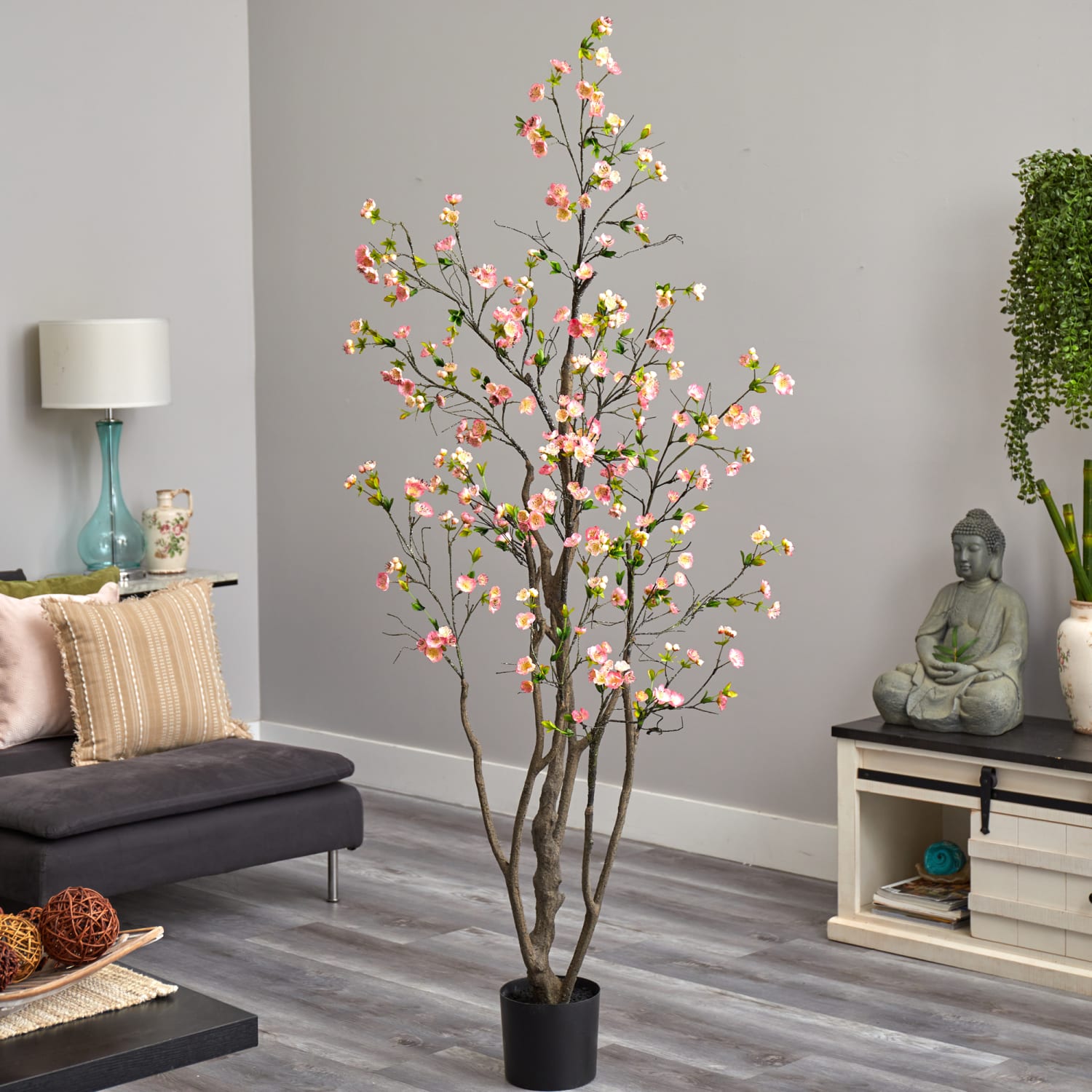 Nearly Natural Cherry Blossom 78inH Artificial Tree With Planter, 78inH x 18inW x 18inD, Pink/Black - Image 4