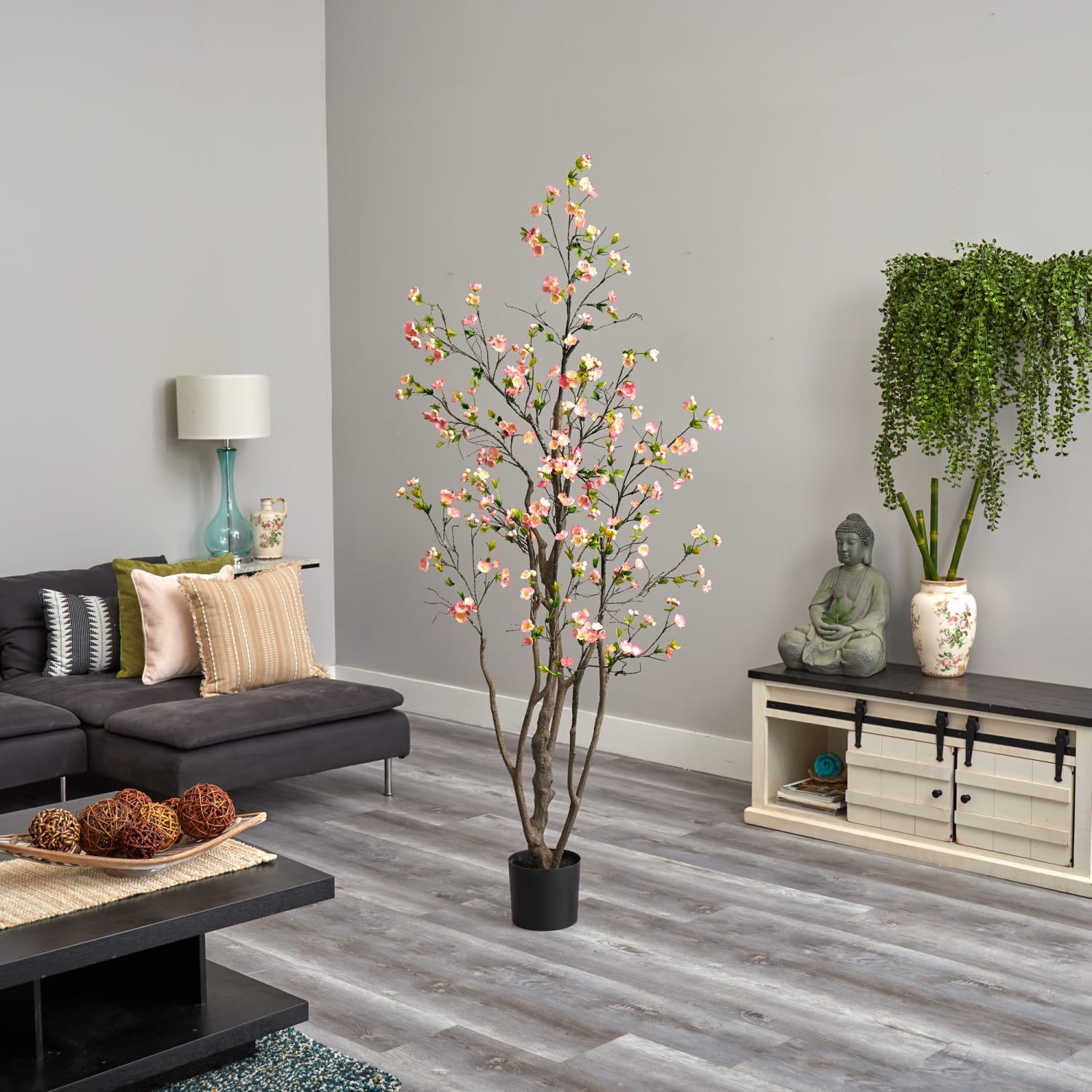 Nearly Natural Cherry Blossom 78inH Artificial Tree With Planter, 78inH x 18inW x 18inD, Pink/Black - Image 5