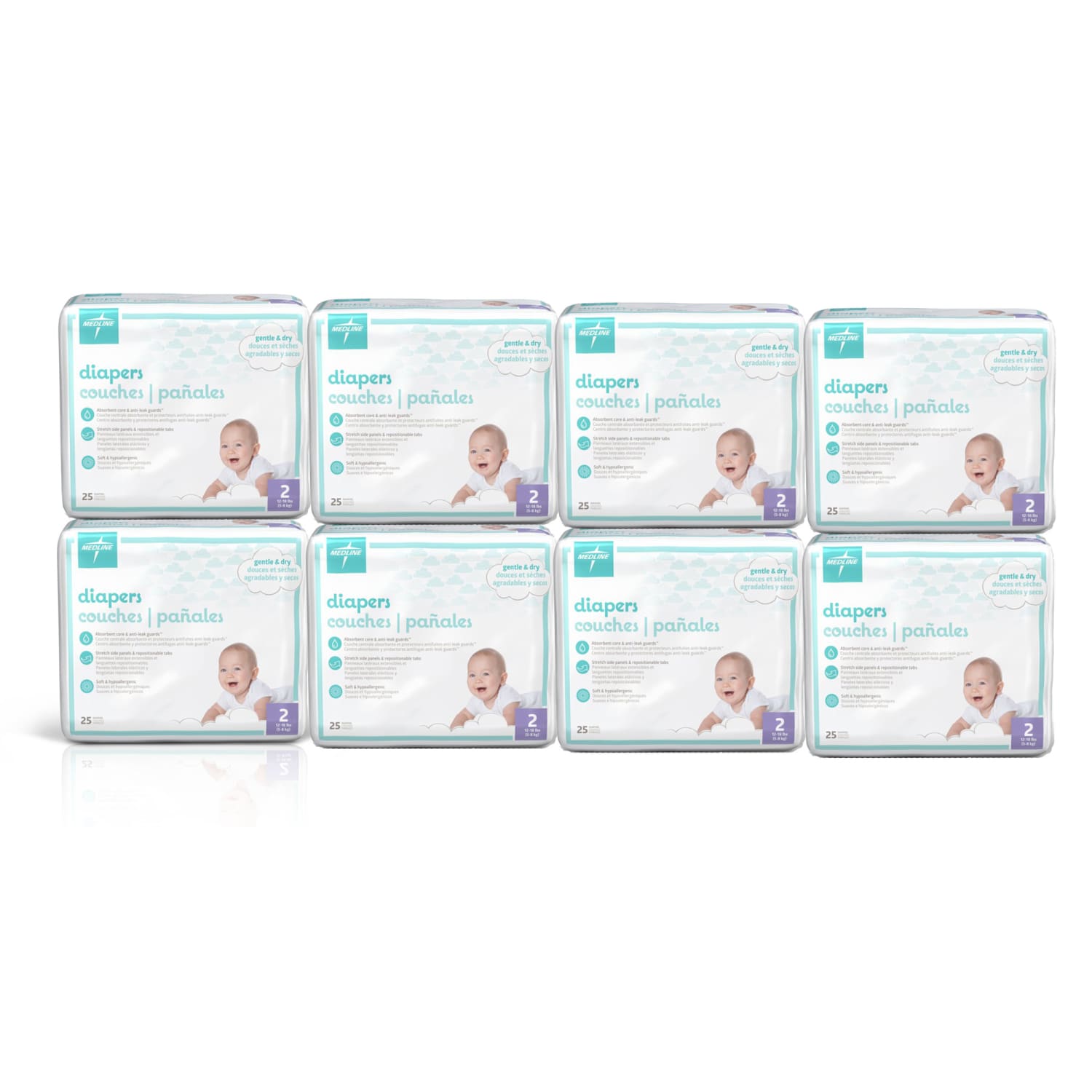 Medline KinderCare Disposable Baby Diapers, Size 2, 12-18 Lb, White, 25 Diapers Per Pack, Case Of 8 Packs