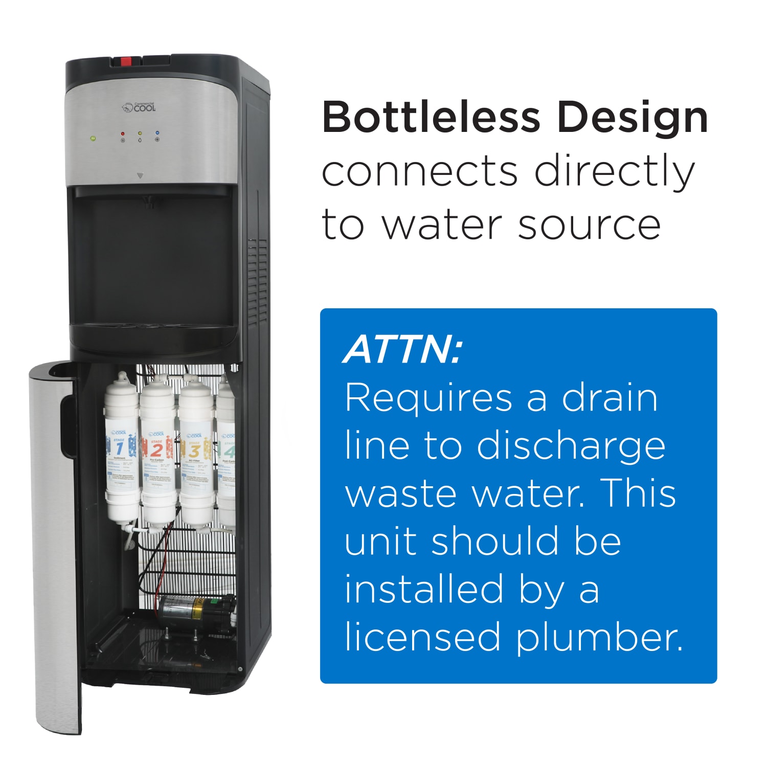 Commercial Cool CCDC02 Direct Connect Water Dispenser With RO System, 41-13/16inH x 14-1/8inW x 13-5/16inD, Black - Image 3