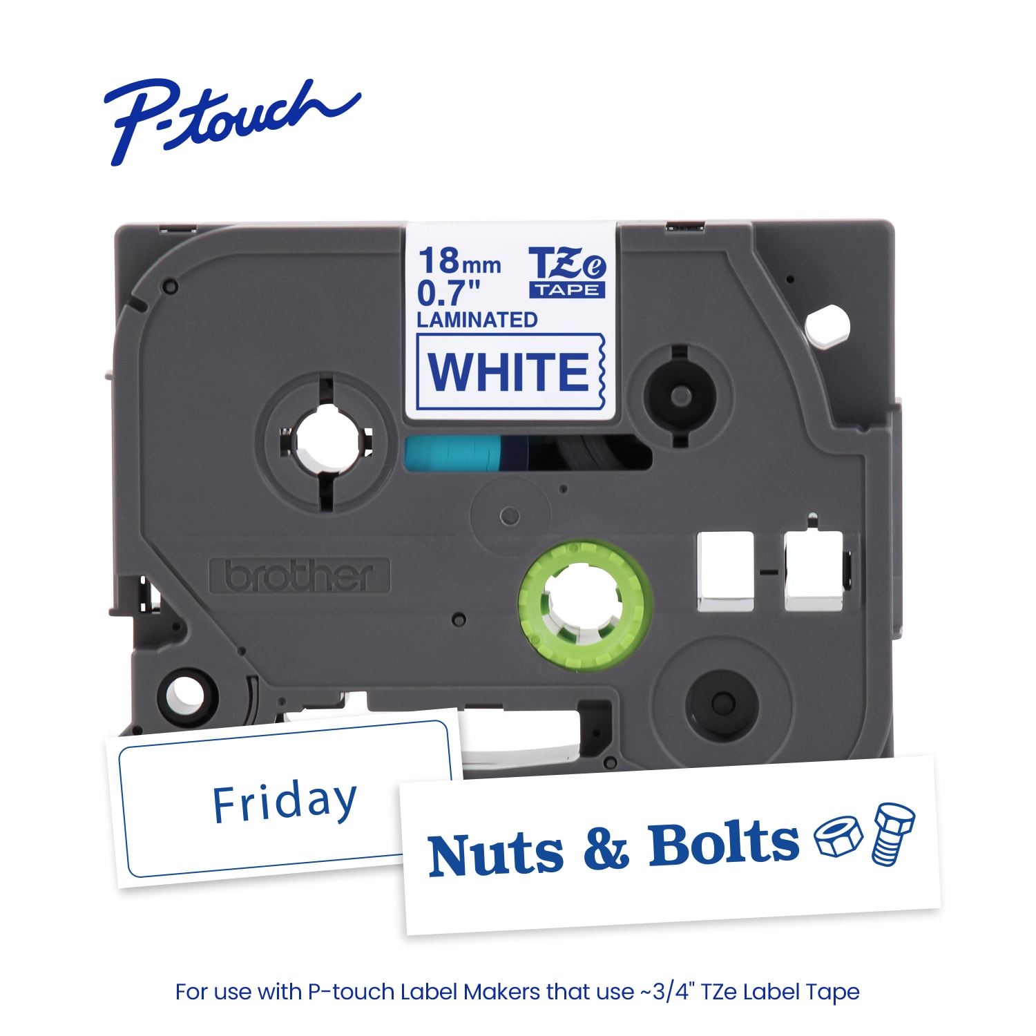 Brother P-touch TZe-243, Laminated, 3/4in x 26.2 ft (18mm x 8m), Blue on White Label Tape - Image 3