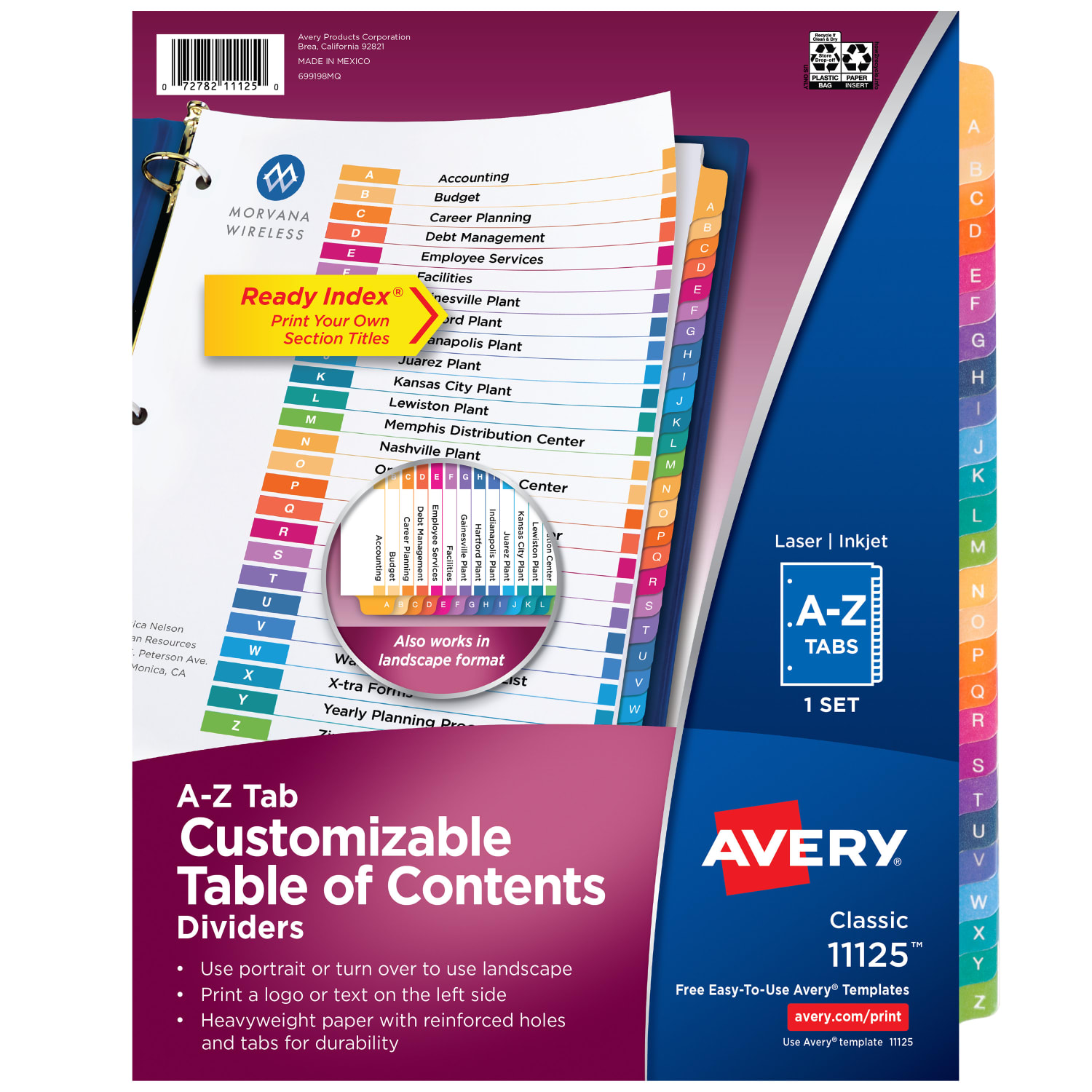 Avery Ready Index A-Z Tab With Customizable Table of Contents Binder Dividers, 8-1/2in x 11in, 26 Tab, Multicolor, 1 Set