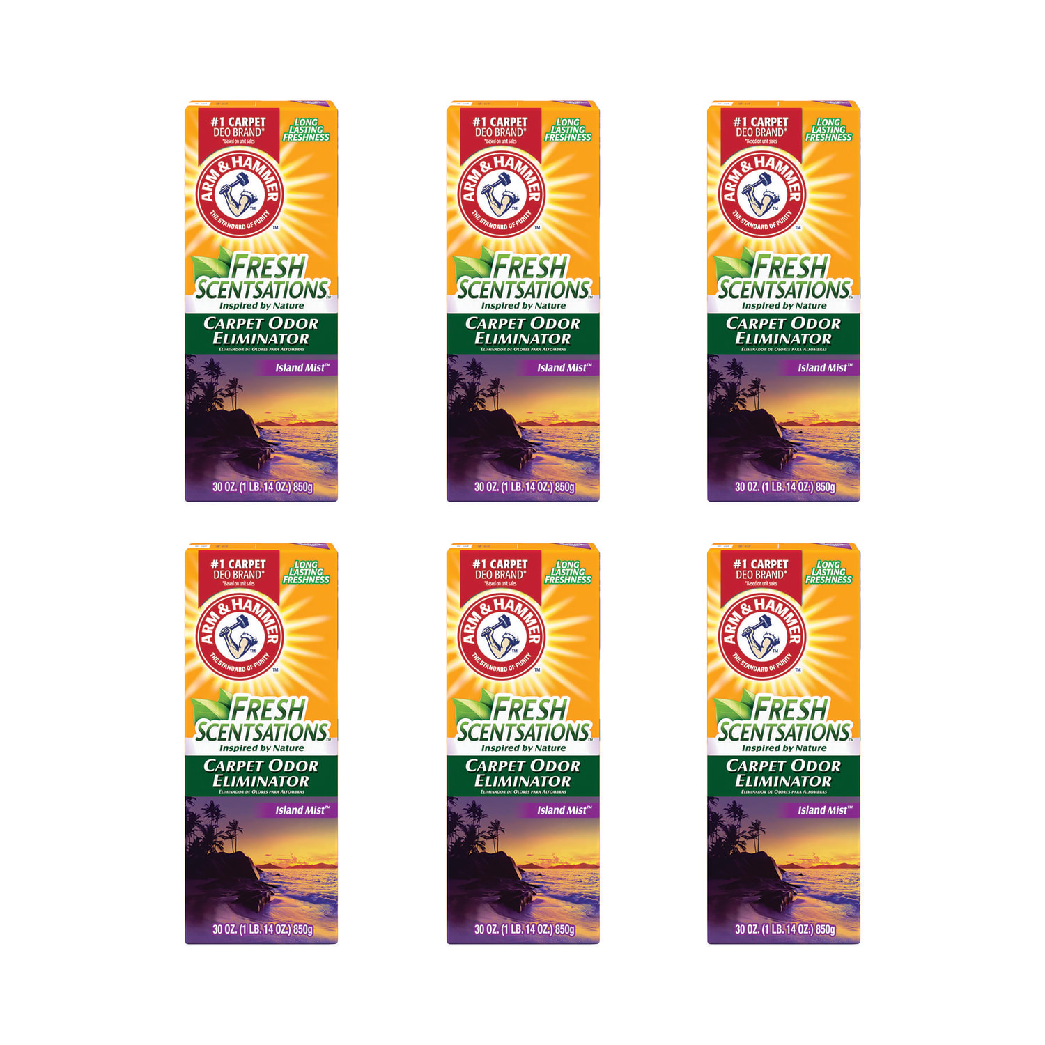 Arm & Hammer Fresh Scentsations Carpet Odor Eliminator, Island Mist, 30 oz Box, 6/Carton