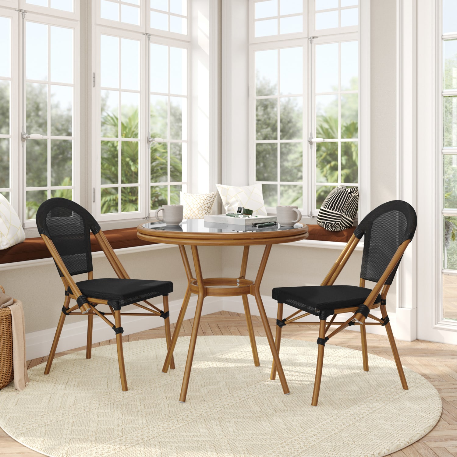 Flash Furniture Marseille Indoor/Outdoor Commercial Bistro 31.5in Table, Textilene, Glass Top with 2 Stack Chairs, Black Textilene/Natural Frame - Image 3