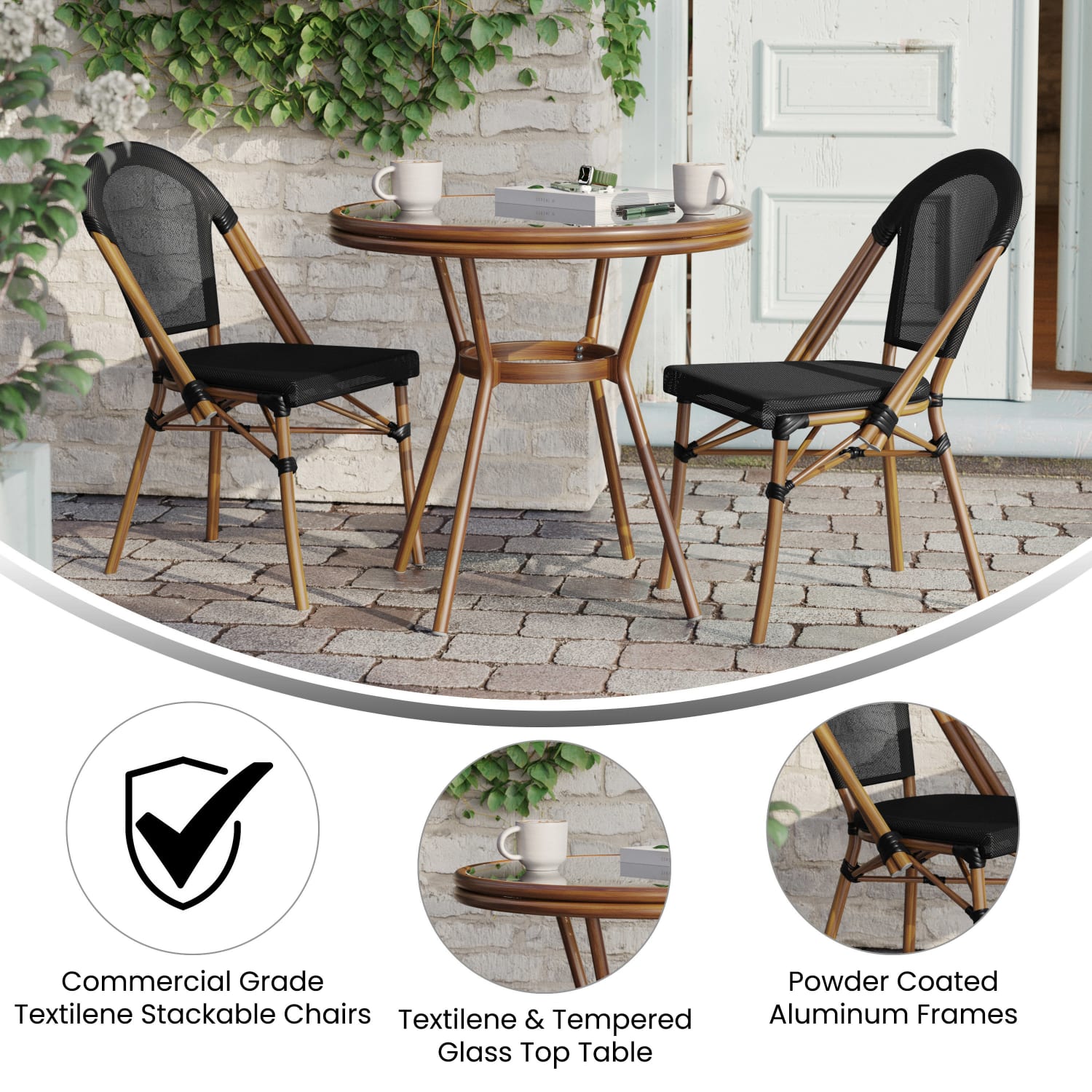 Flash Furniture Marseille Indoor/Outdoor Commercial Bistro 31.5in Table, Textilene, Glass Top with 2 Stack Chairs, Black Textilene/Natural Frame - Image 4