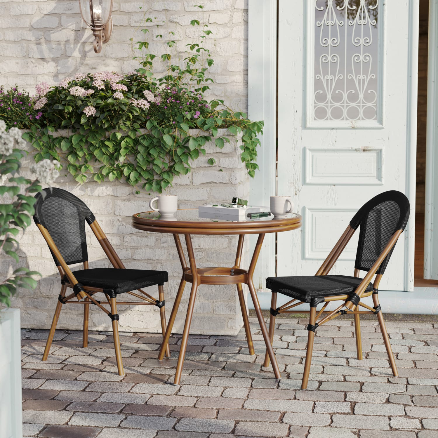 Flash Furniture Marseille Indoor/Outdoor Commercial Bistro 31.5in Table, Textilene, Glass Top with 2 Stack Chairs, Black Textilene/Natural Frame - Image 5