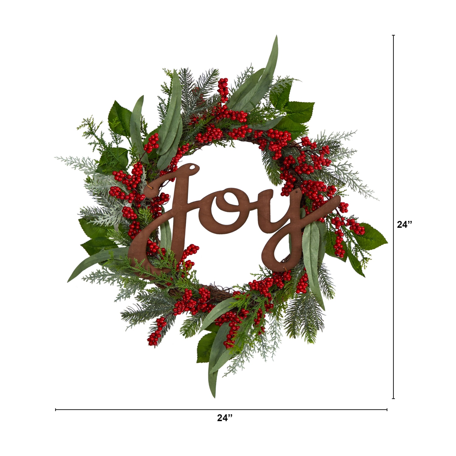 Nearly Natural Joy And Berries 24inH Evergreen Artificial Christmas Wreath, 24in x 4in, Green - Image 3