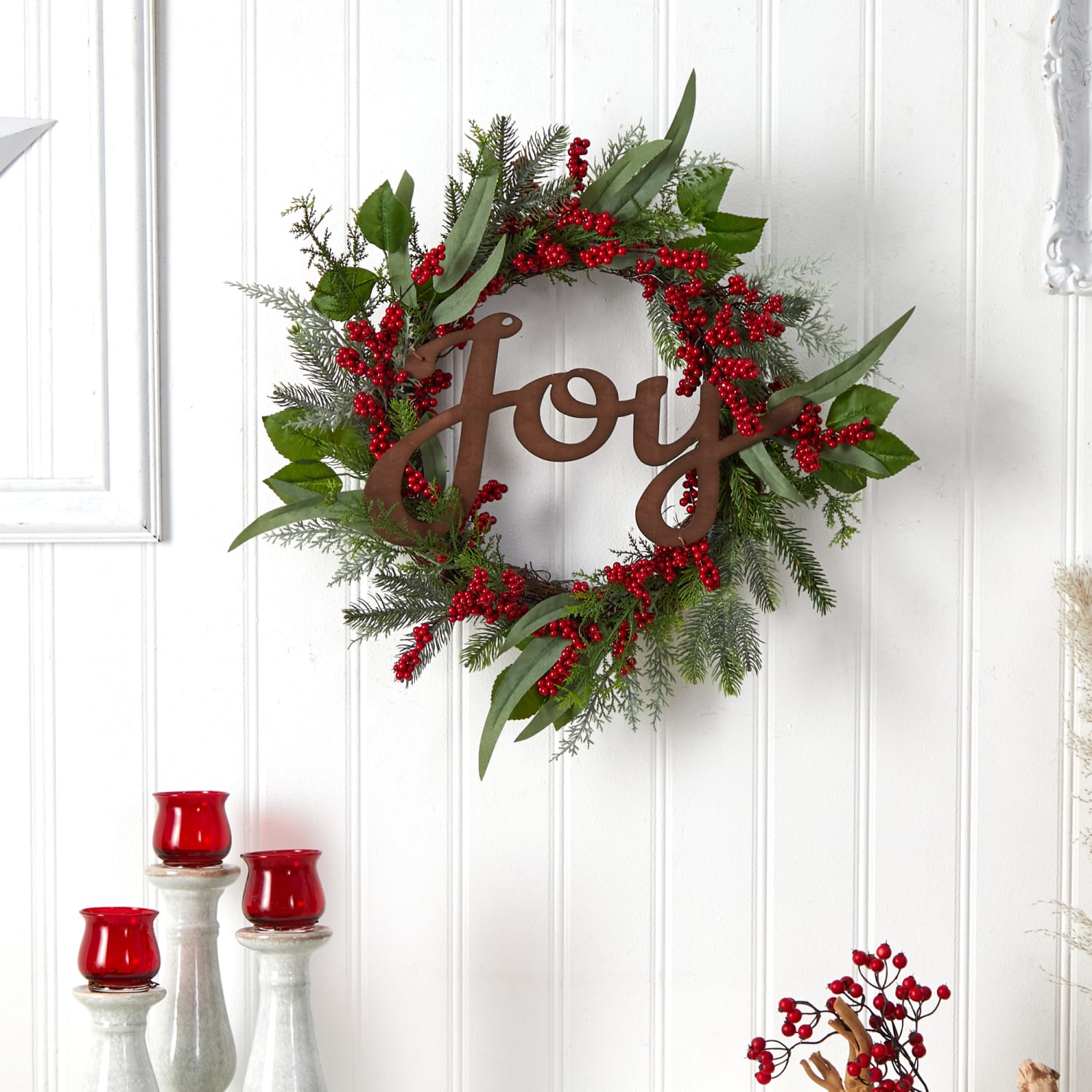 Nearly Natural Joy And Berries 24inH Evergreen Artificial Christmas Wreath, 24in x 4in, Green - Image 4